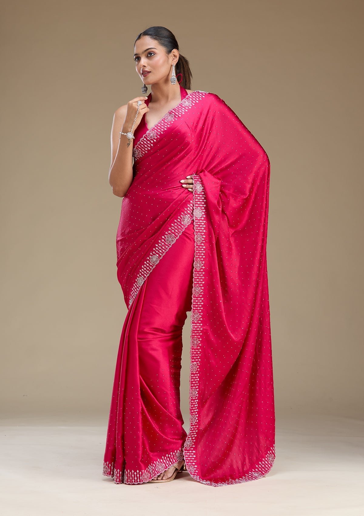 Elegant Rani Pink Satin Saree with Stunning Swarovski Embellishments