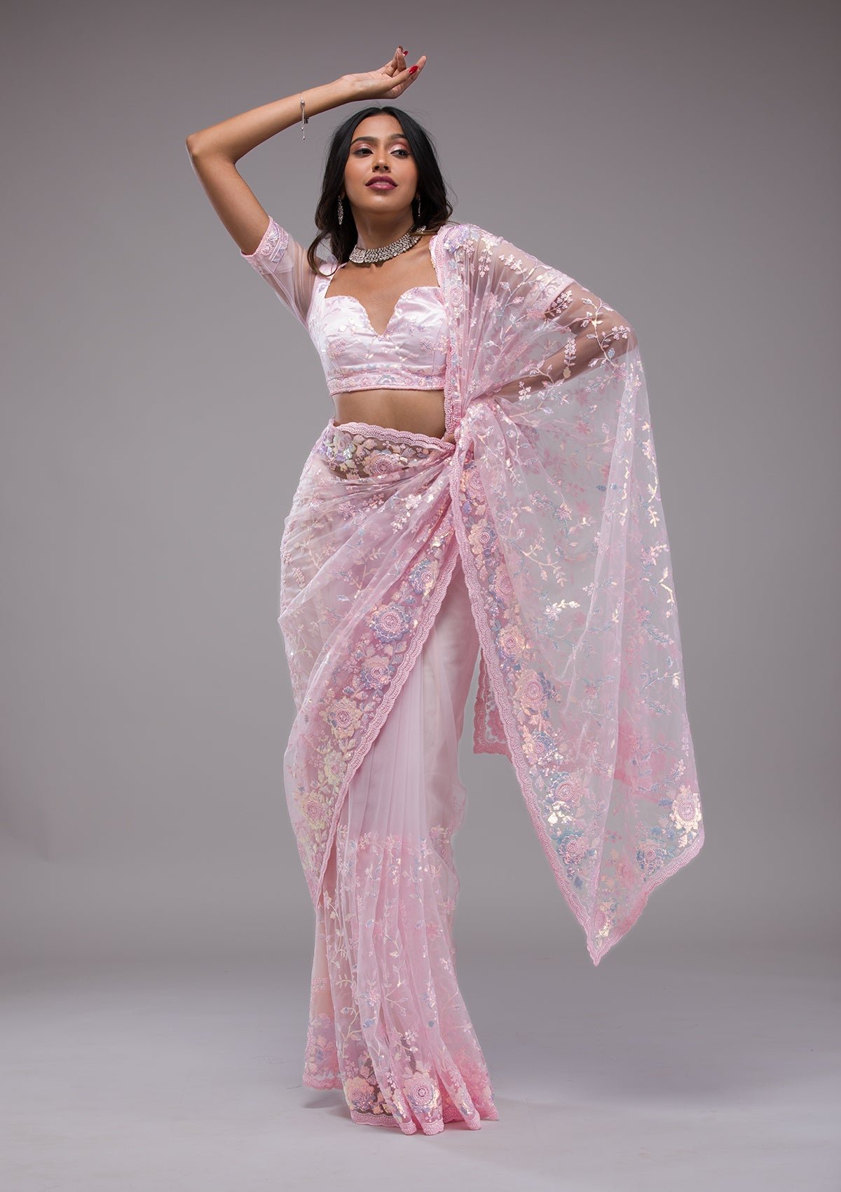 Sparkling Baby Pink Sequined Tissue Saree