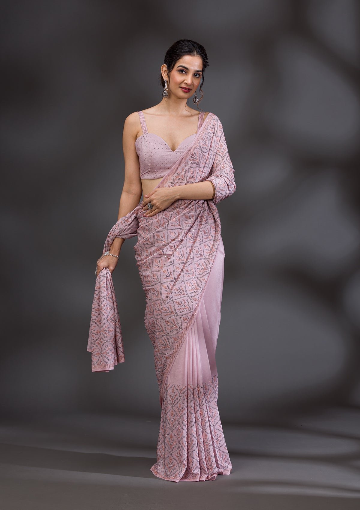 Elegant Baby Pink Satin Saree with Stunning Stonework