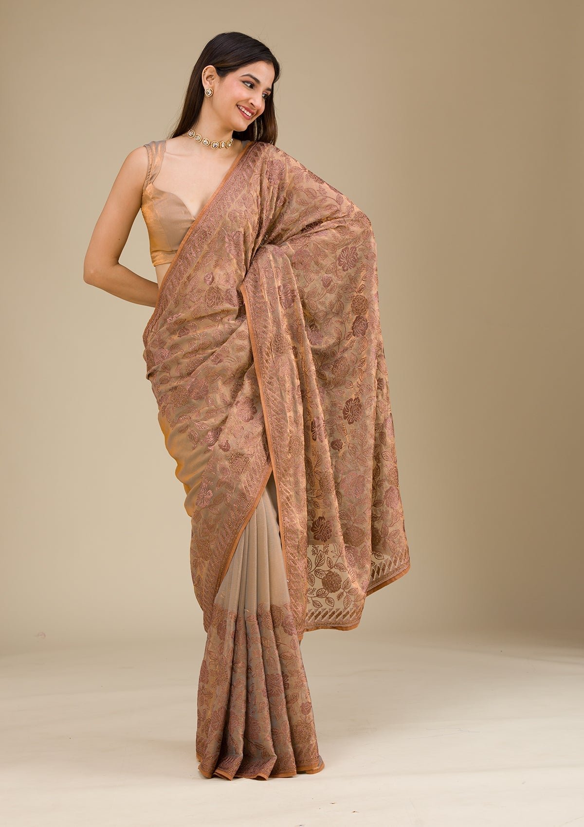 Elegant Beige Raw Silk Saree with Intricate Threadwork