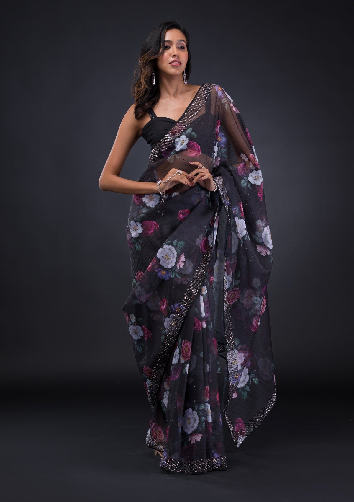 Elegant Black Floral Organza Saree for a Chic Look
