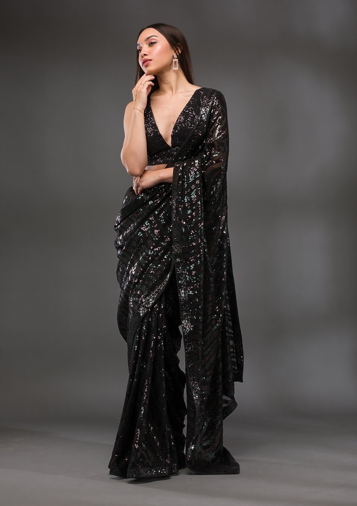 Stunning Black Georgette Saree Adorned with Dazzling Sequins