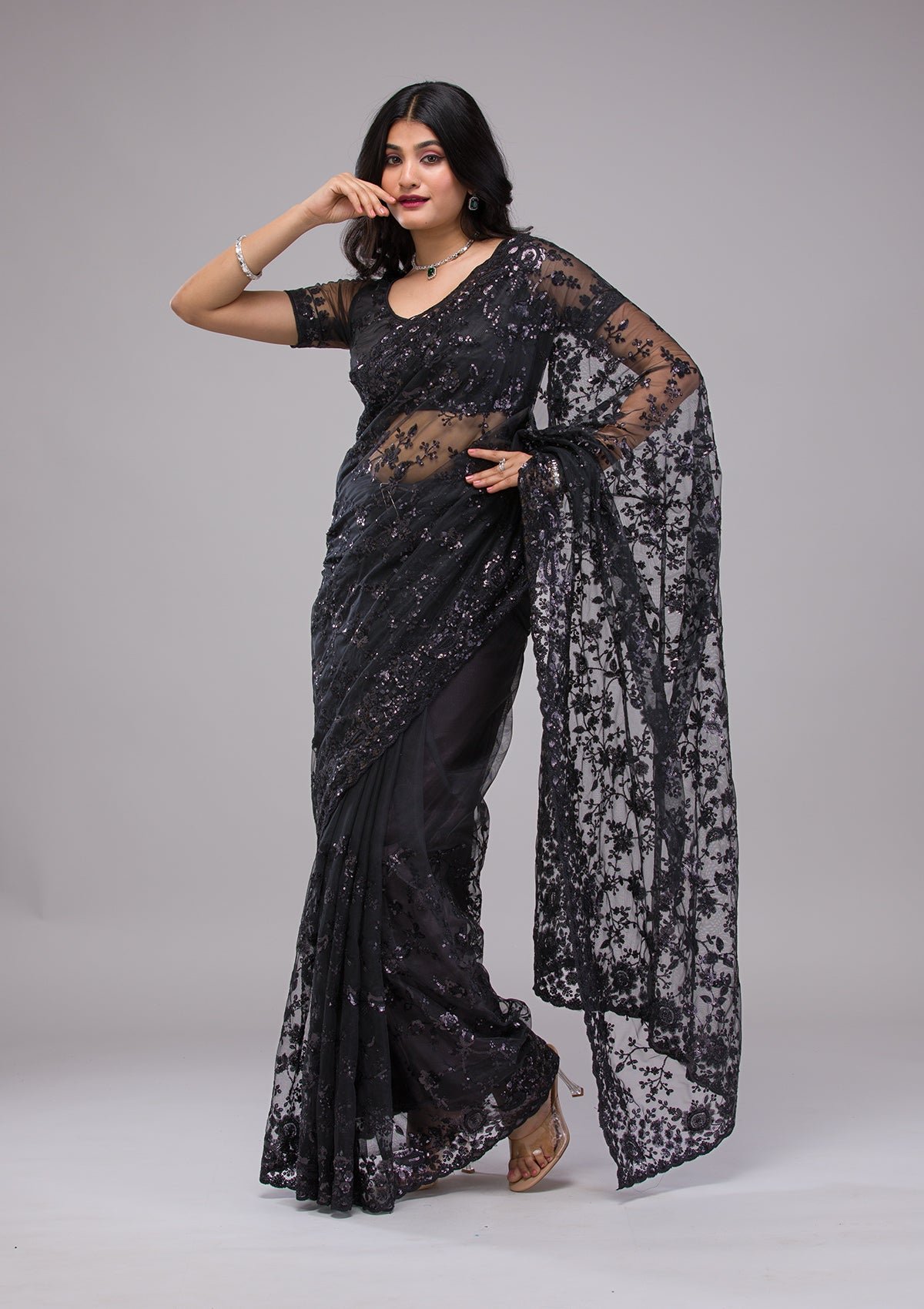 Elegant Black Sequin Net Saree