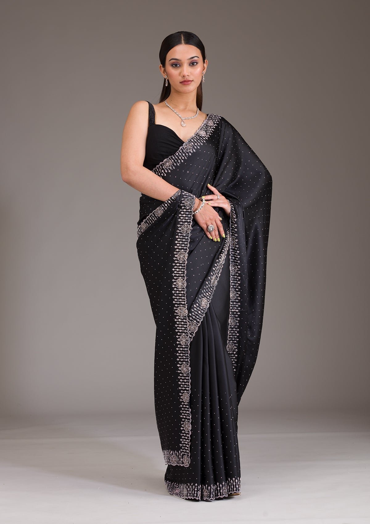 Elegant Black Satin Saree with Sparkling Swarovski Accents