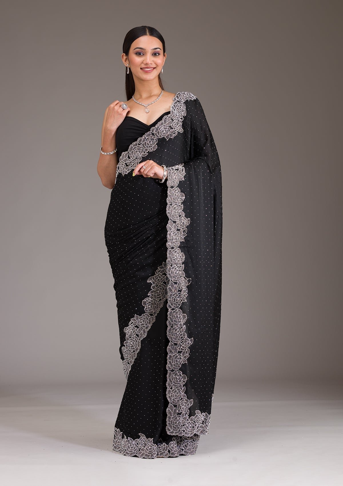 Elegant Black Satin Saree Adorned with Swarovski Crystals