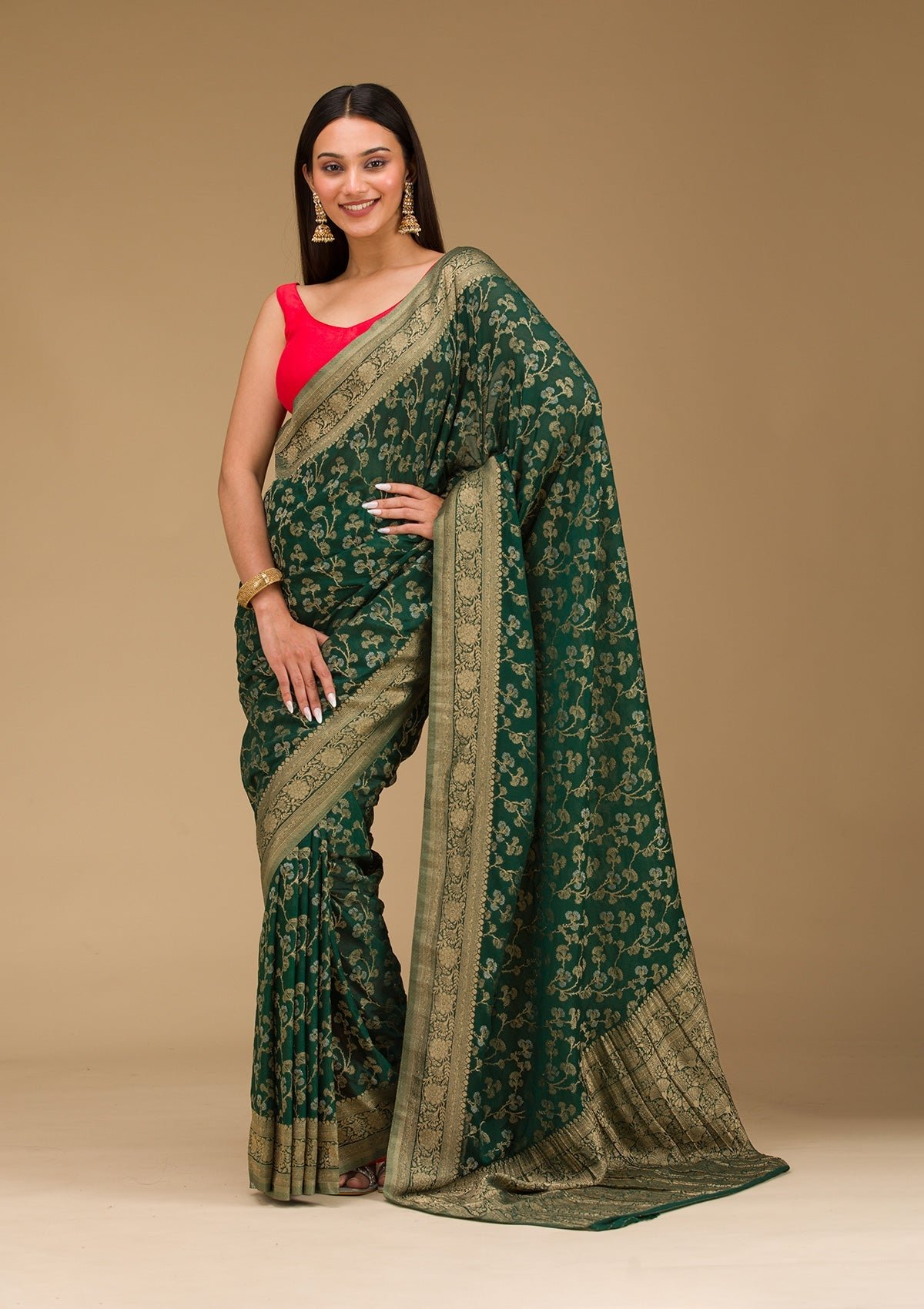 Elegant Bottle Green Georgette Saree with Stunning Zariwork