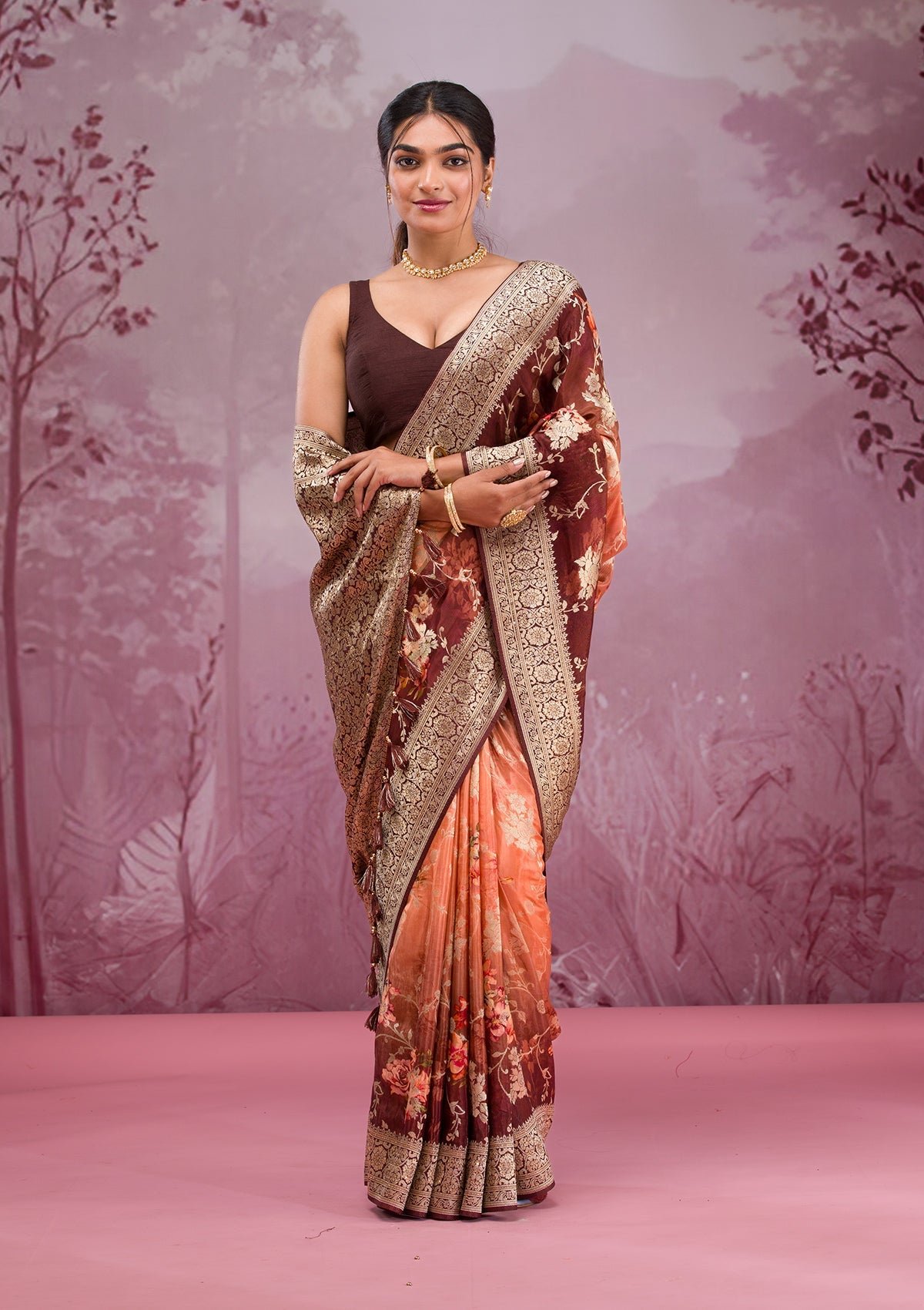 Elegant Brown Georgette Saree with Stunning Print