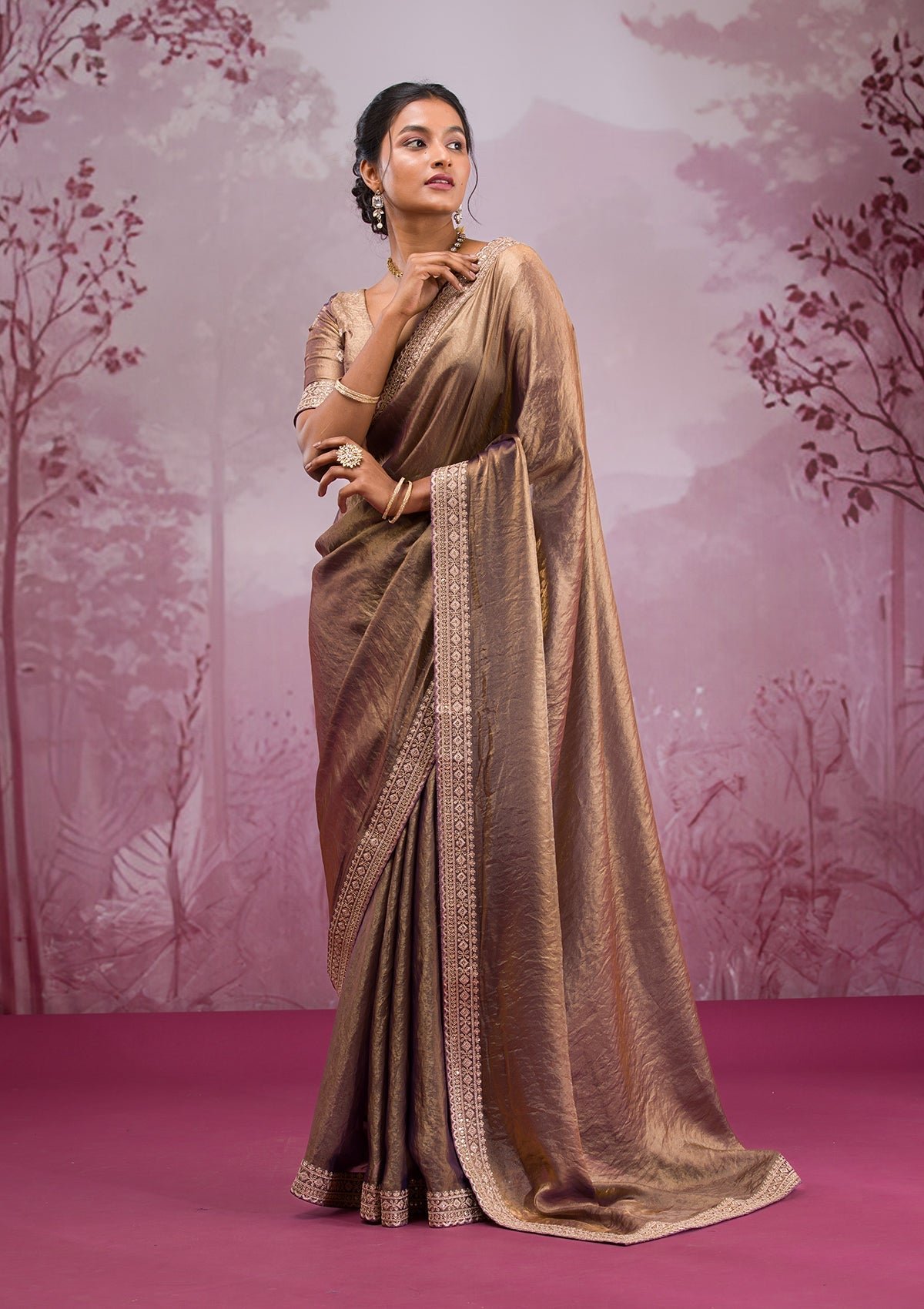 Luxurious Copper Threadwork Tissue Saree for Elegant Occasions