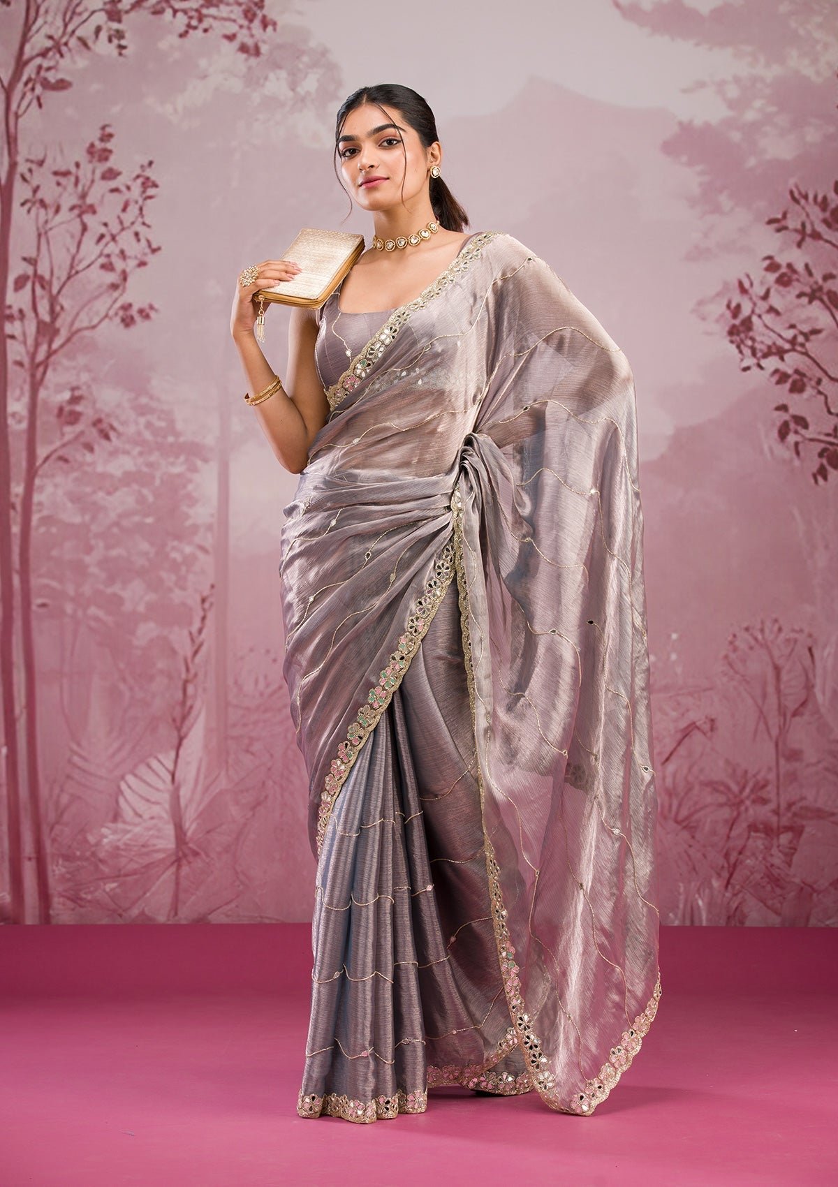 Elegant Grey Mirrorwork Tissue Saree for Stunning Style