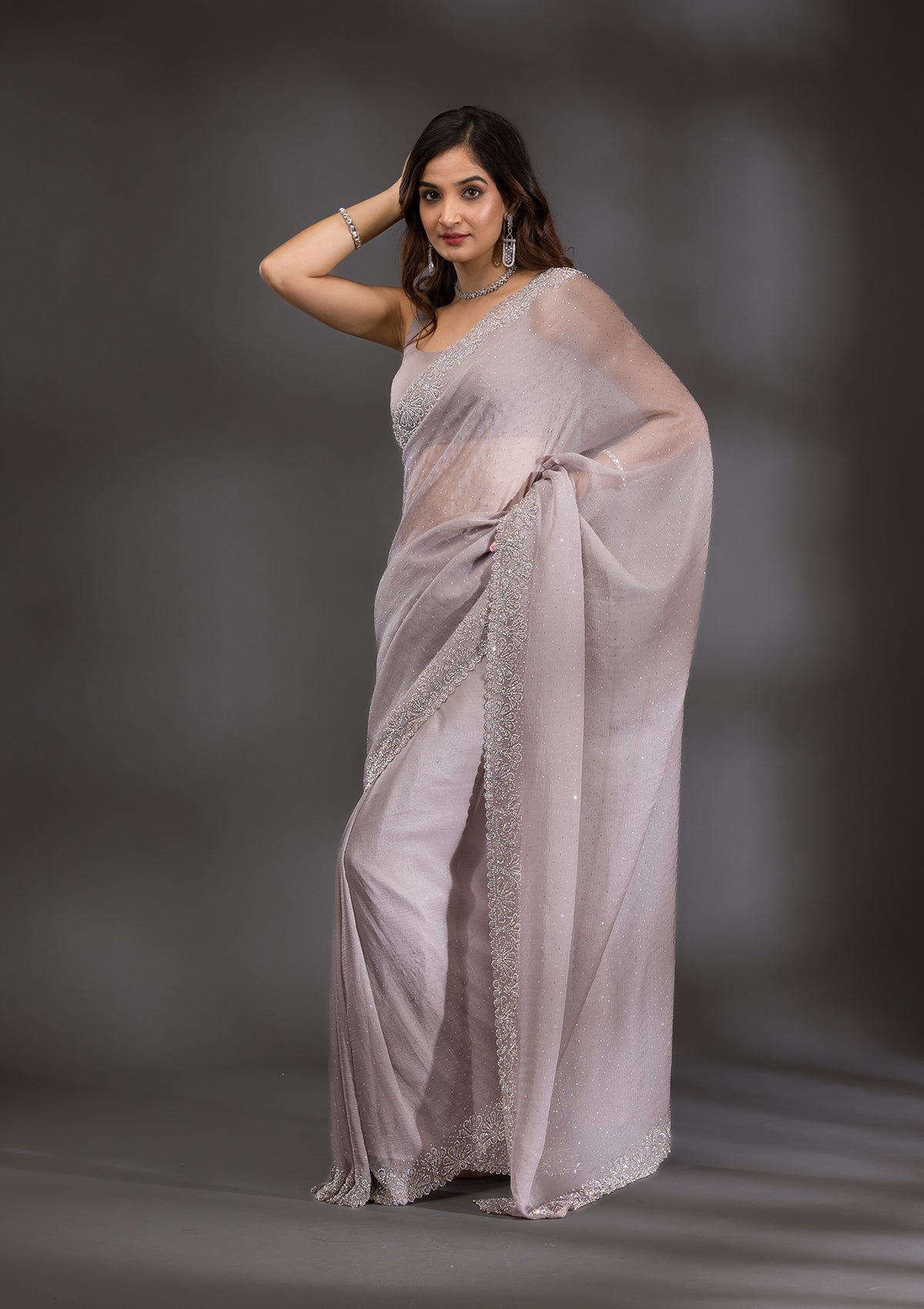 Elegant Grey and Silver Stonework Tissue Saree