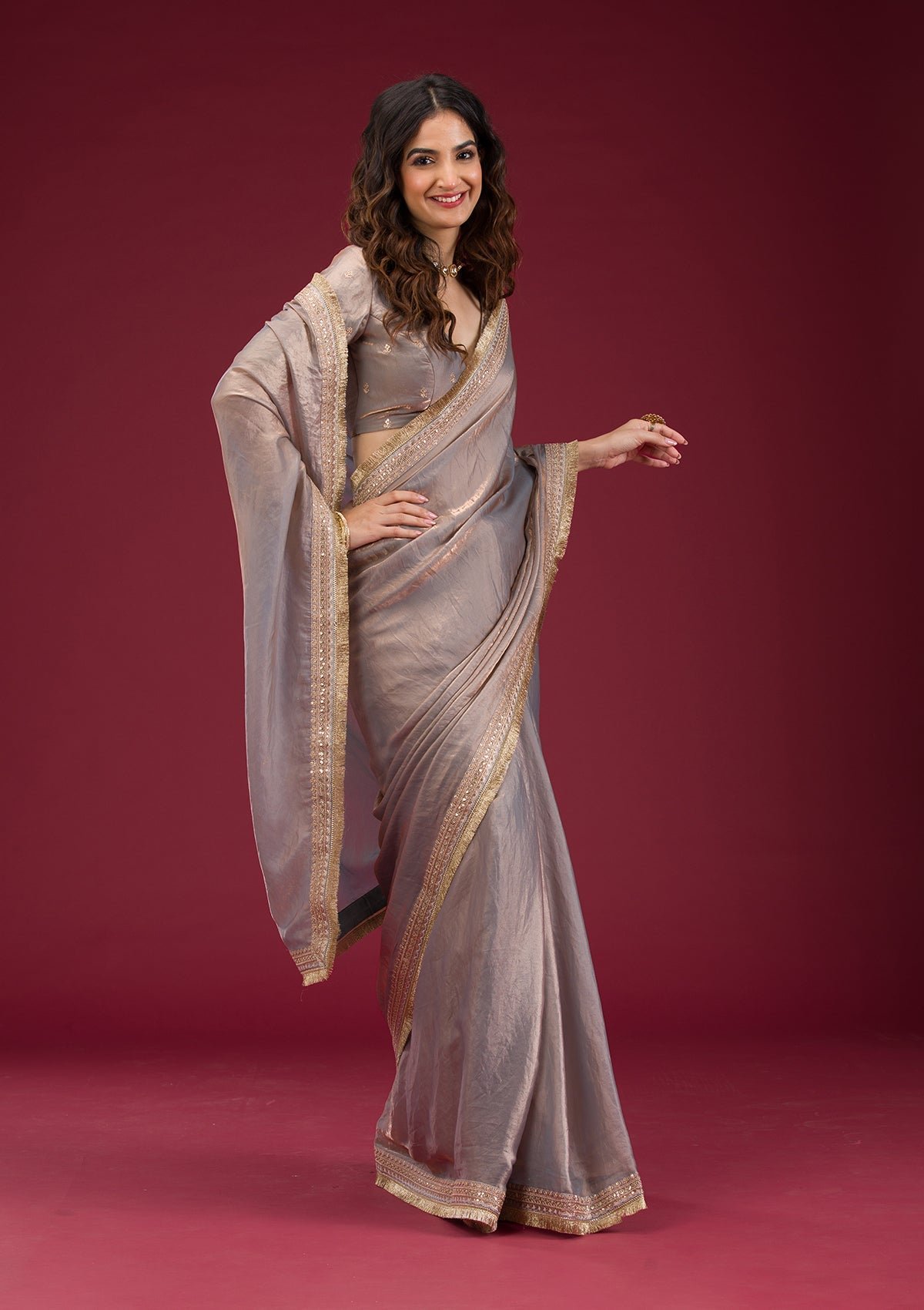 Elegant Grey Threadwork Tissue Saree for Timeless Style