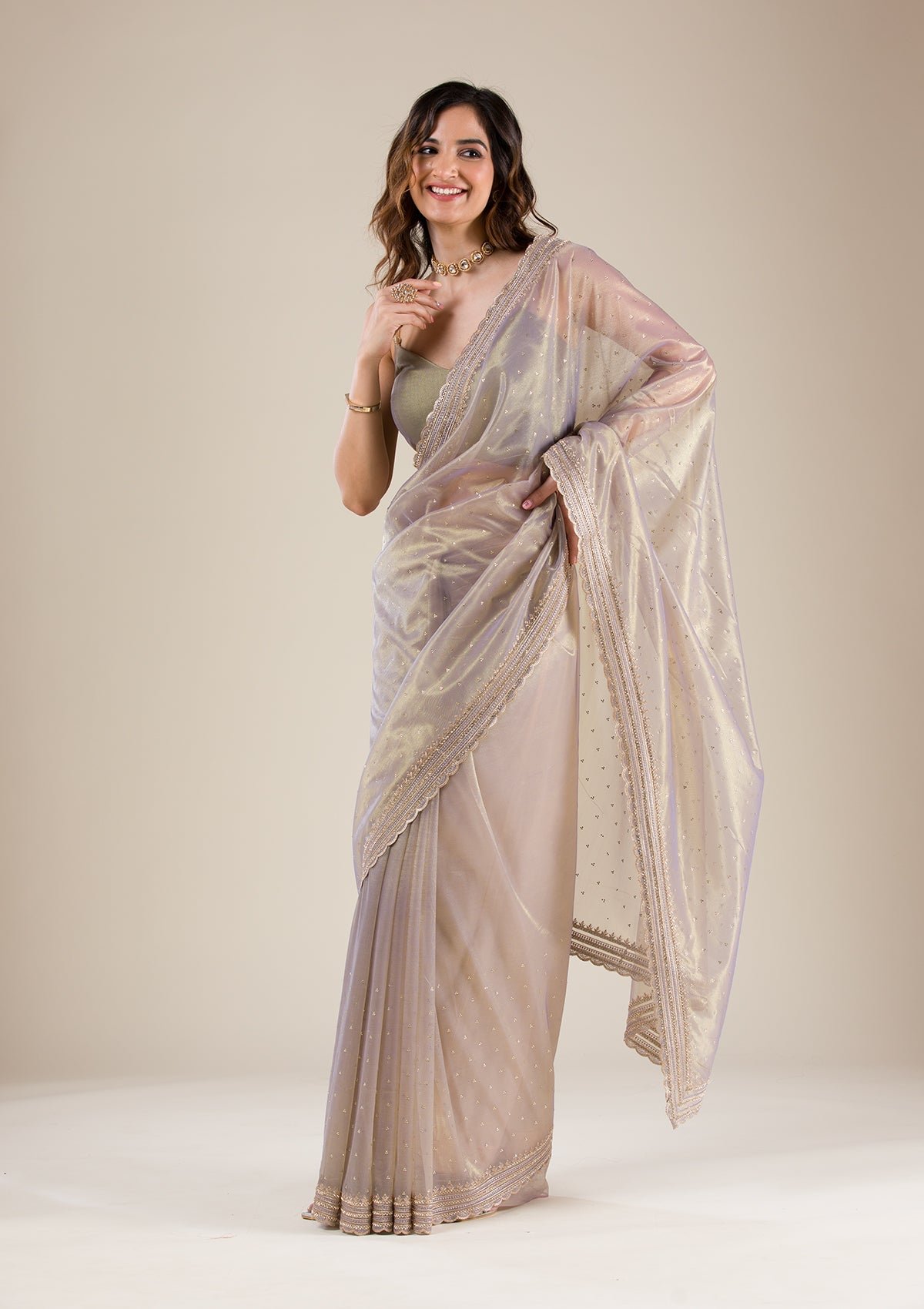 Elegant Grey Tissue Saree with Intricate Zari Work