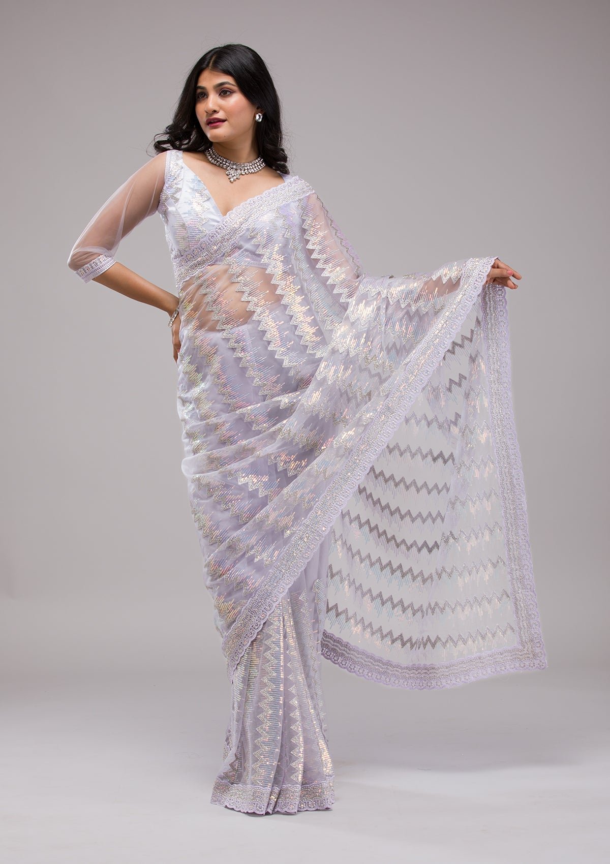 Enchanting Lavender Sequined Net Saree
