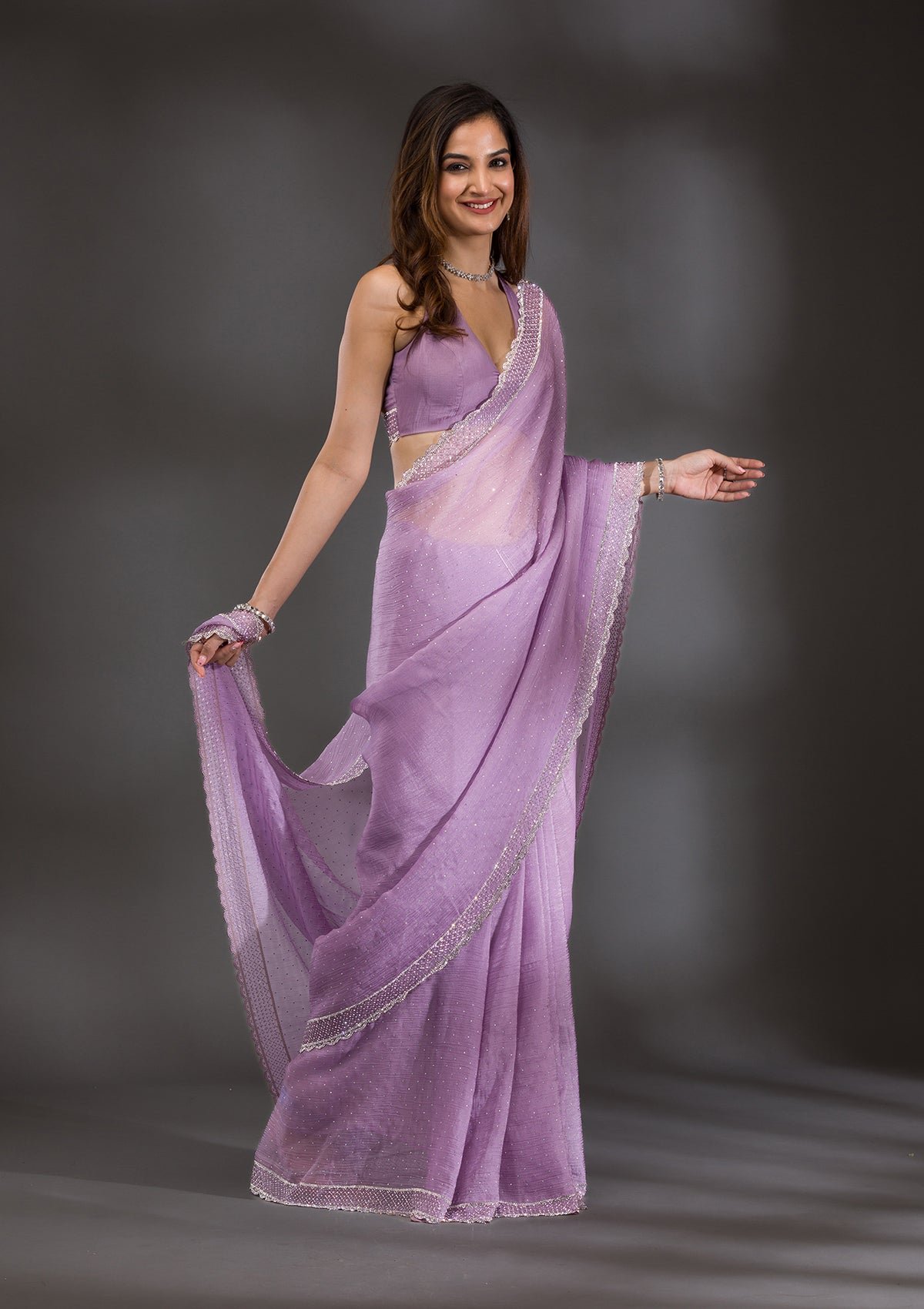 Elegant Lavender Silver Stonework Tissue Saree