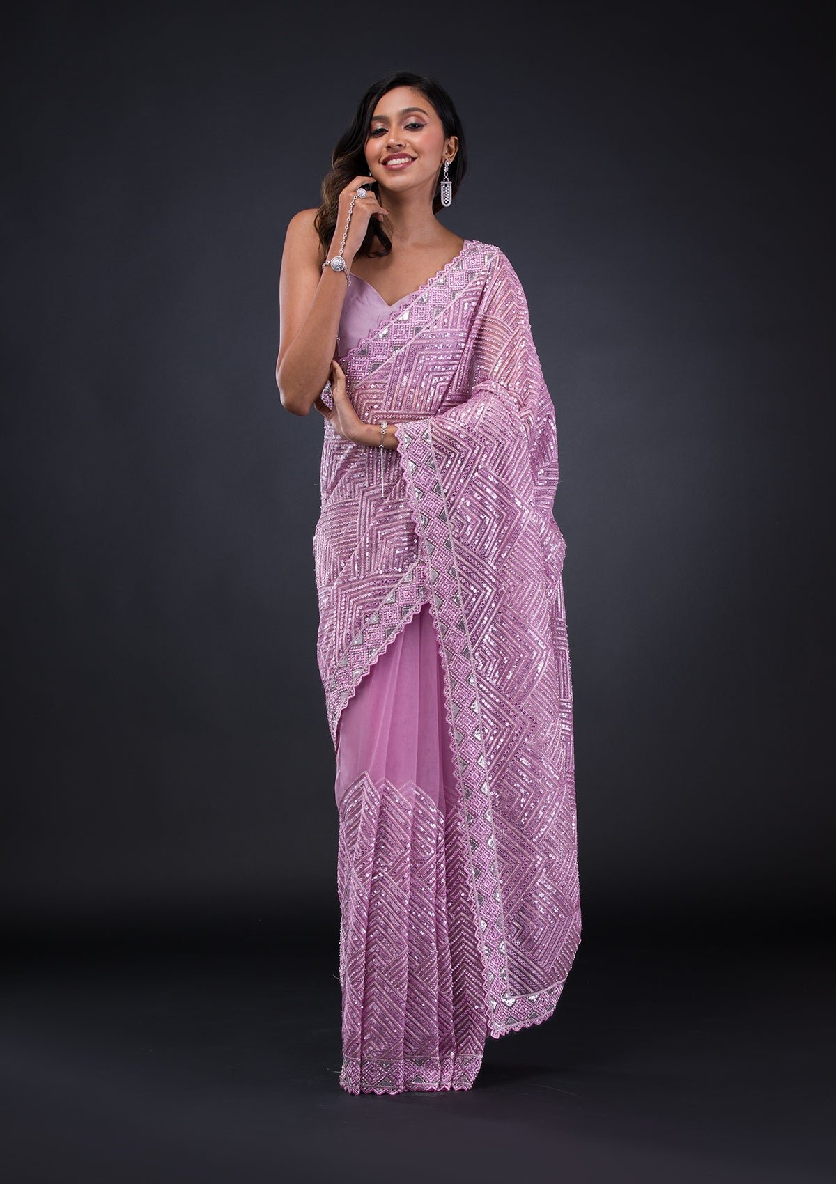 Enchanting Lavender Net Saree with Delicate Threadwork
