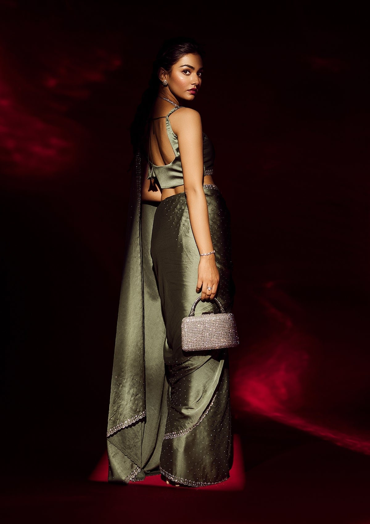 Elegant Leaf Green Satin Designer Saree with Exquisite Stonework - Image 2