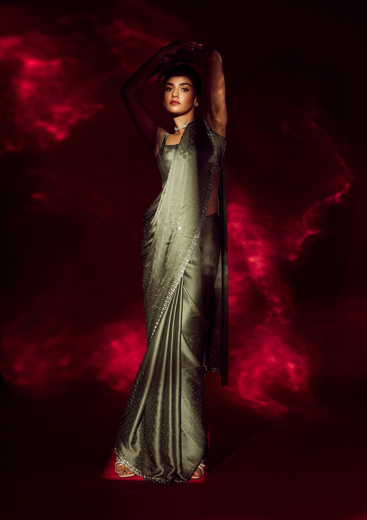 Elegant Leaf Green Satin Designer Saree with Exquisite Stonework - Image 3