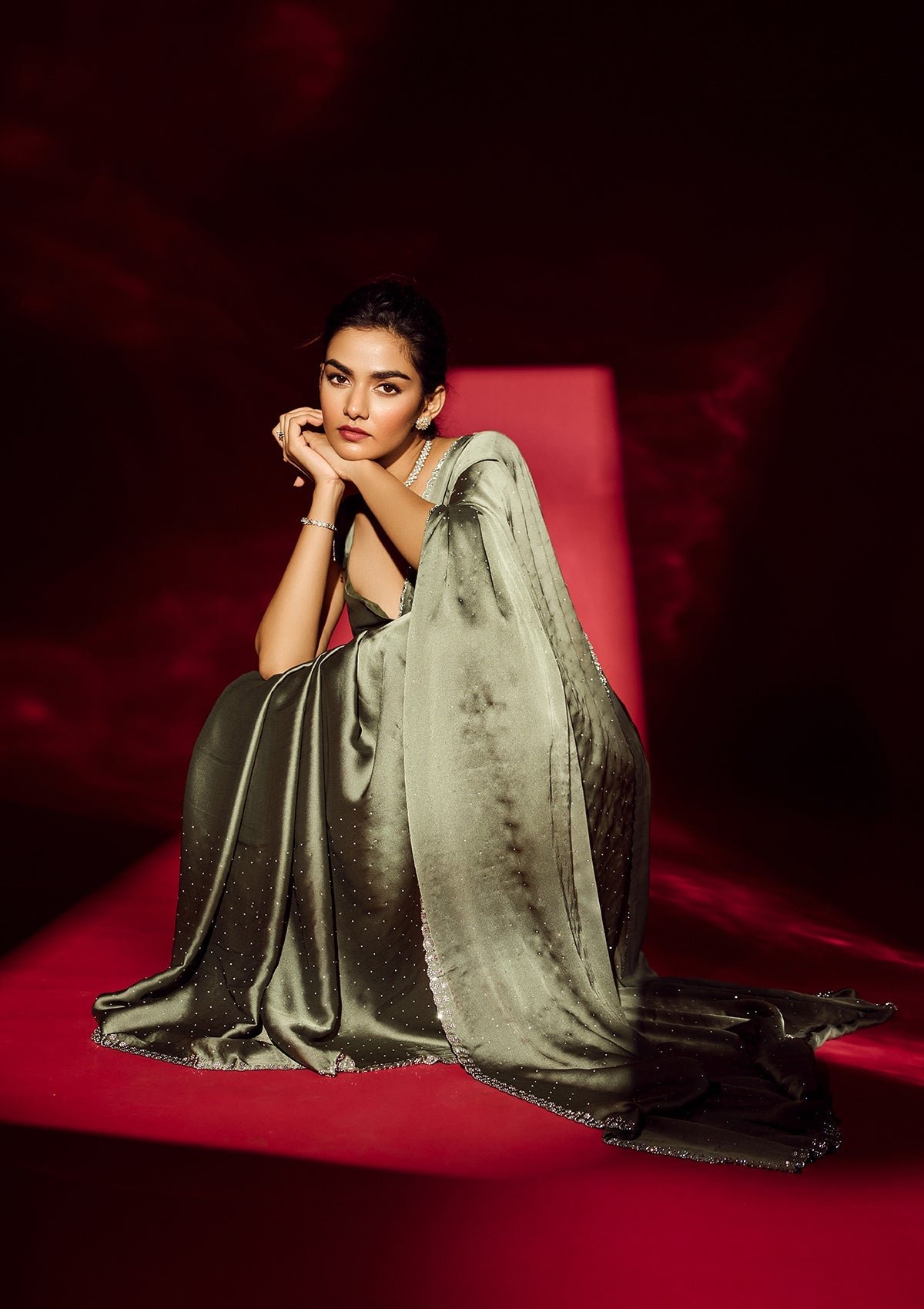 Elegant Leaf Green Satin Designer Saree with Exquisite Stonework - Image 4