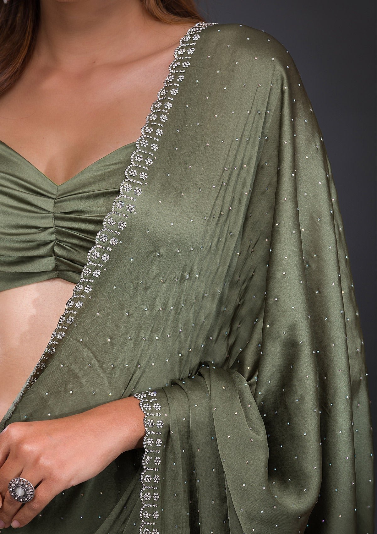 Elegant Leaf Green Satin Designer Saree with Exquisite Stonework - Image 6