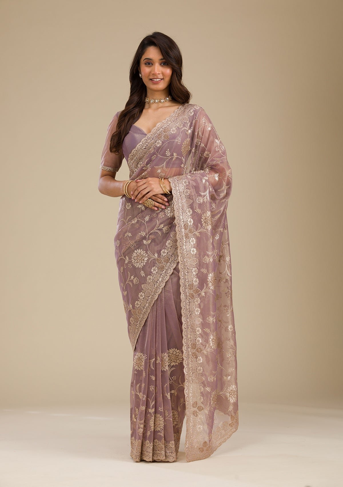 Elegant Light Brown Zariwork Tissue Saree for Timeless Style