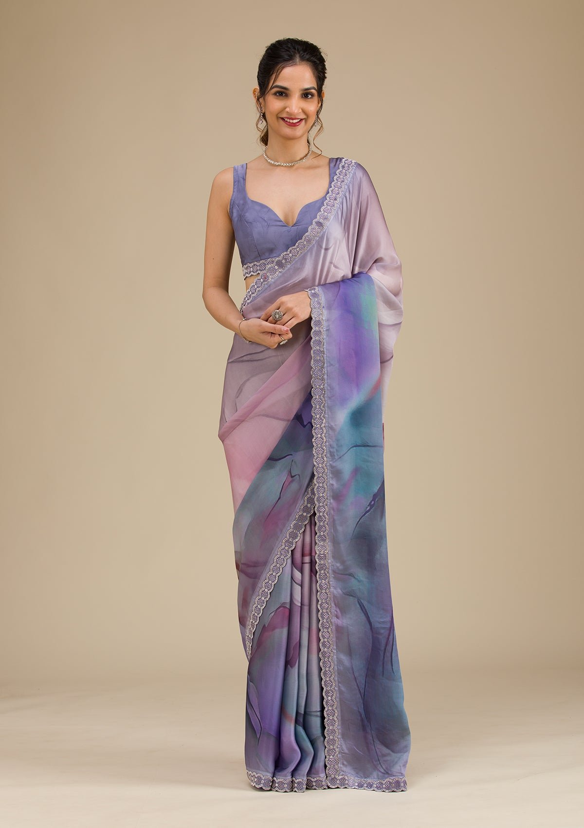 Elegant Grey Satin Saree with Captivating Prints