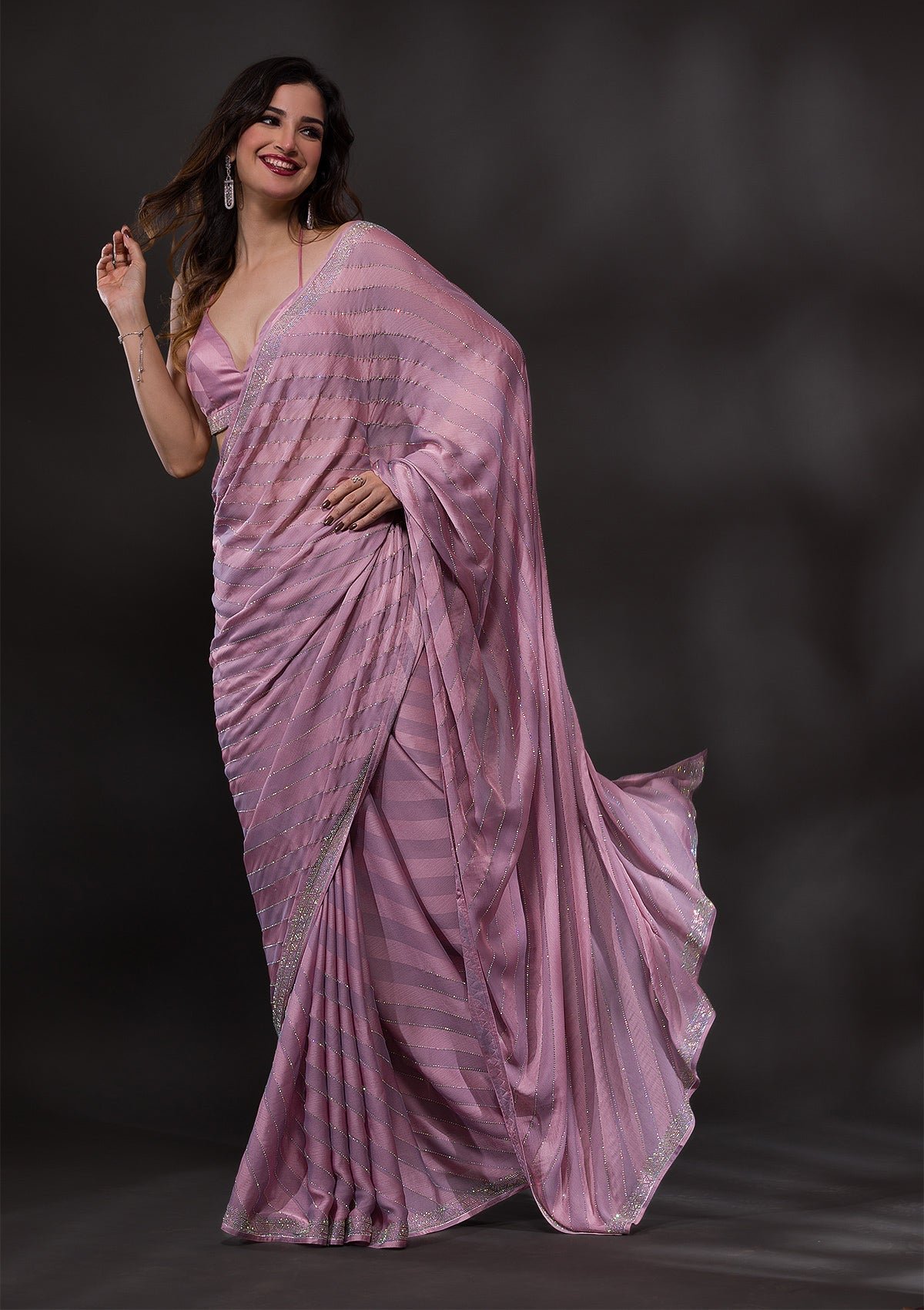 Elegant Mauve Swarovski-Embellished Satin Designer Saree