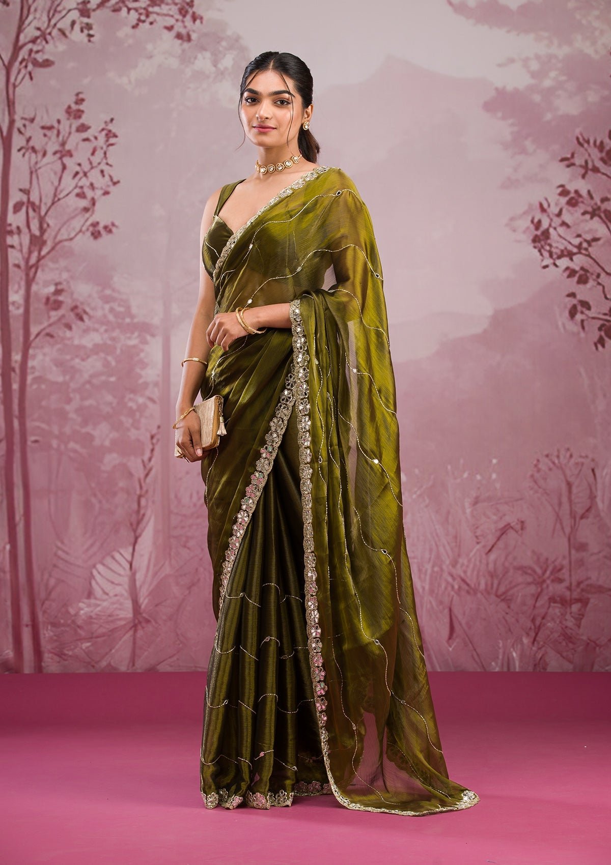 Exquisite Mehendi Mirrorwork Tissue Saree for a Stunning Look
