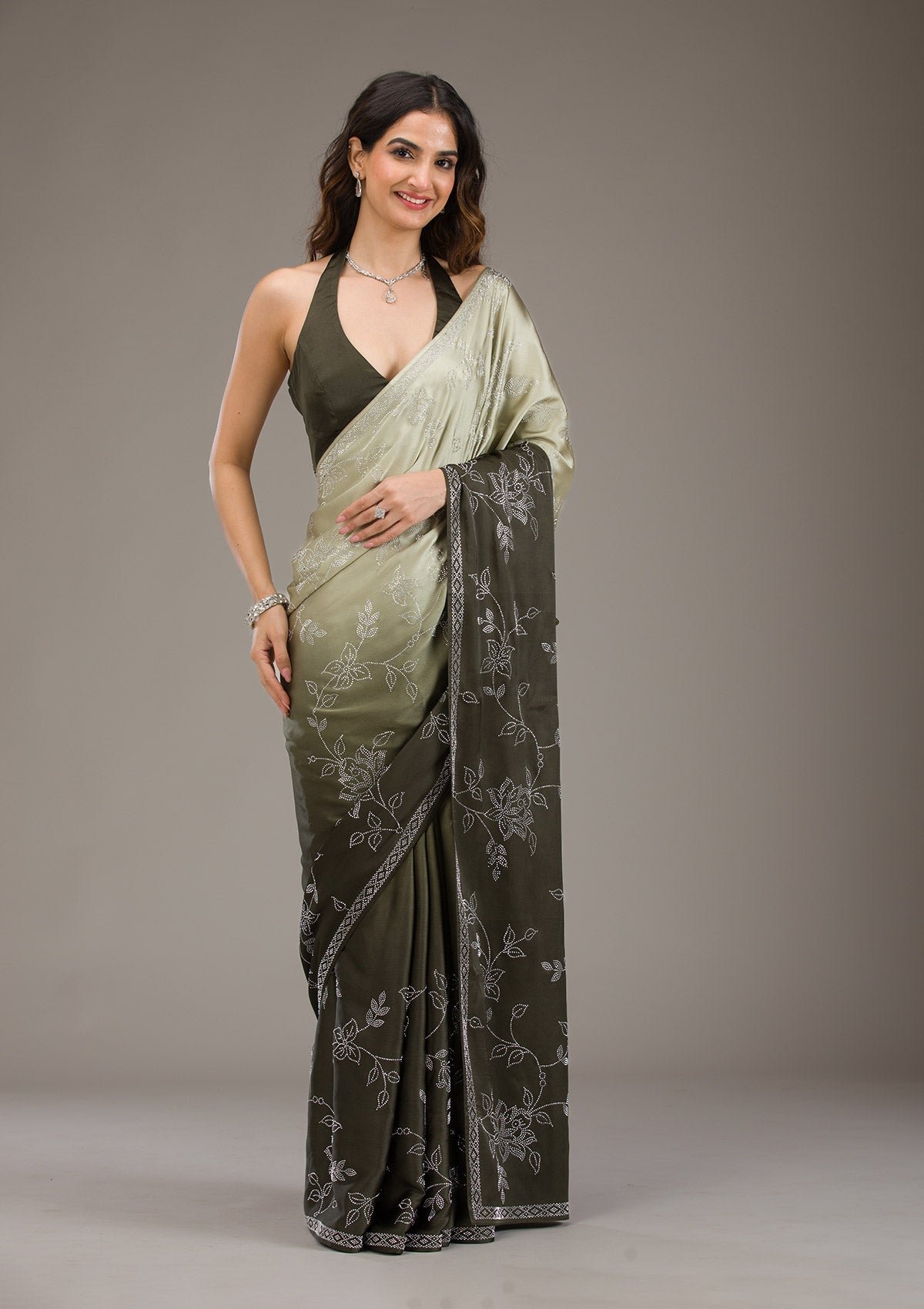 Elegant Satin Saree with Exquisite Mehendi Stonework