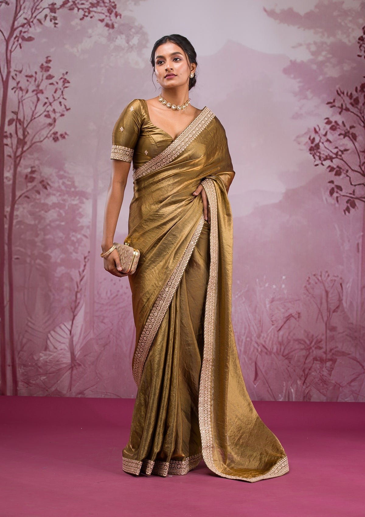 Exquisite Mehendi Threadwork Tissue Saree for Elegant Occasions