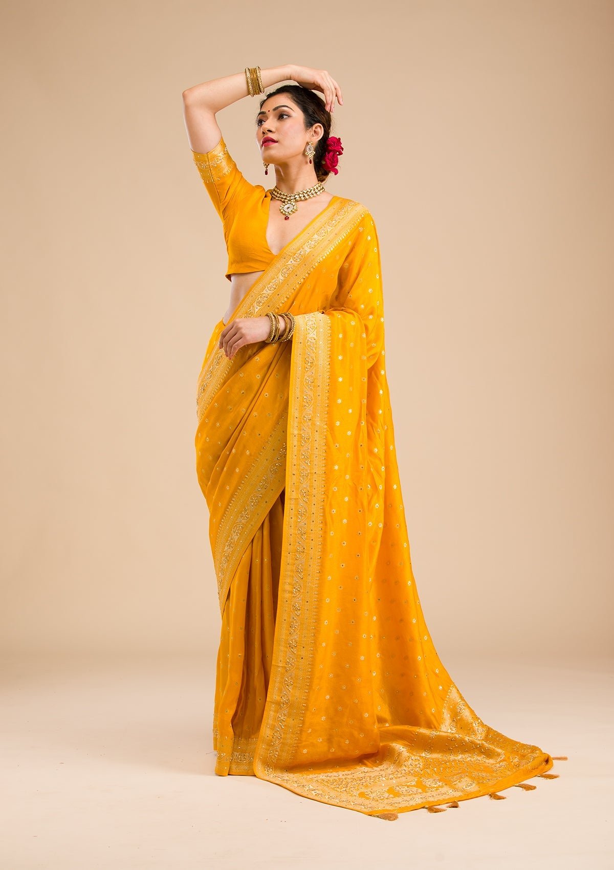 Exquisite Mustard Banarasi Silk Saree with Intricate Zari Work