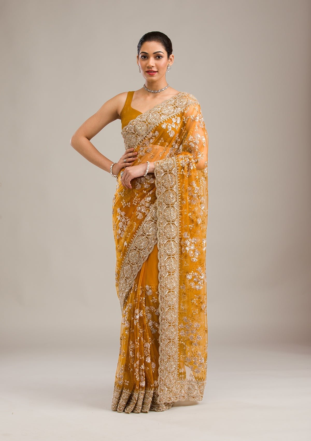 Stunning Mustard Zariwork Net Saree for an Elegant Look