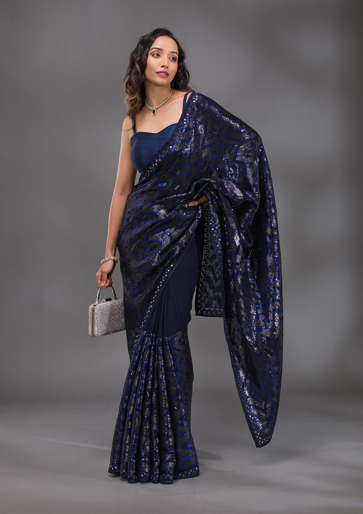 Elegant Navy Blue Georgette Saree with Stunning Sequins