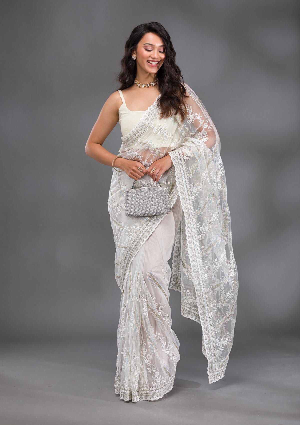 Gorgeous Off-White Sequined Net Saree