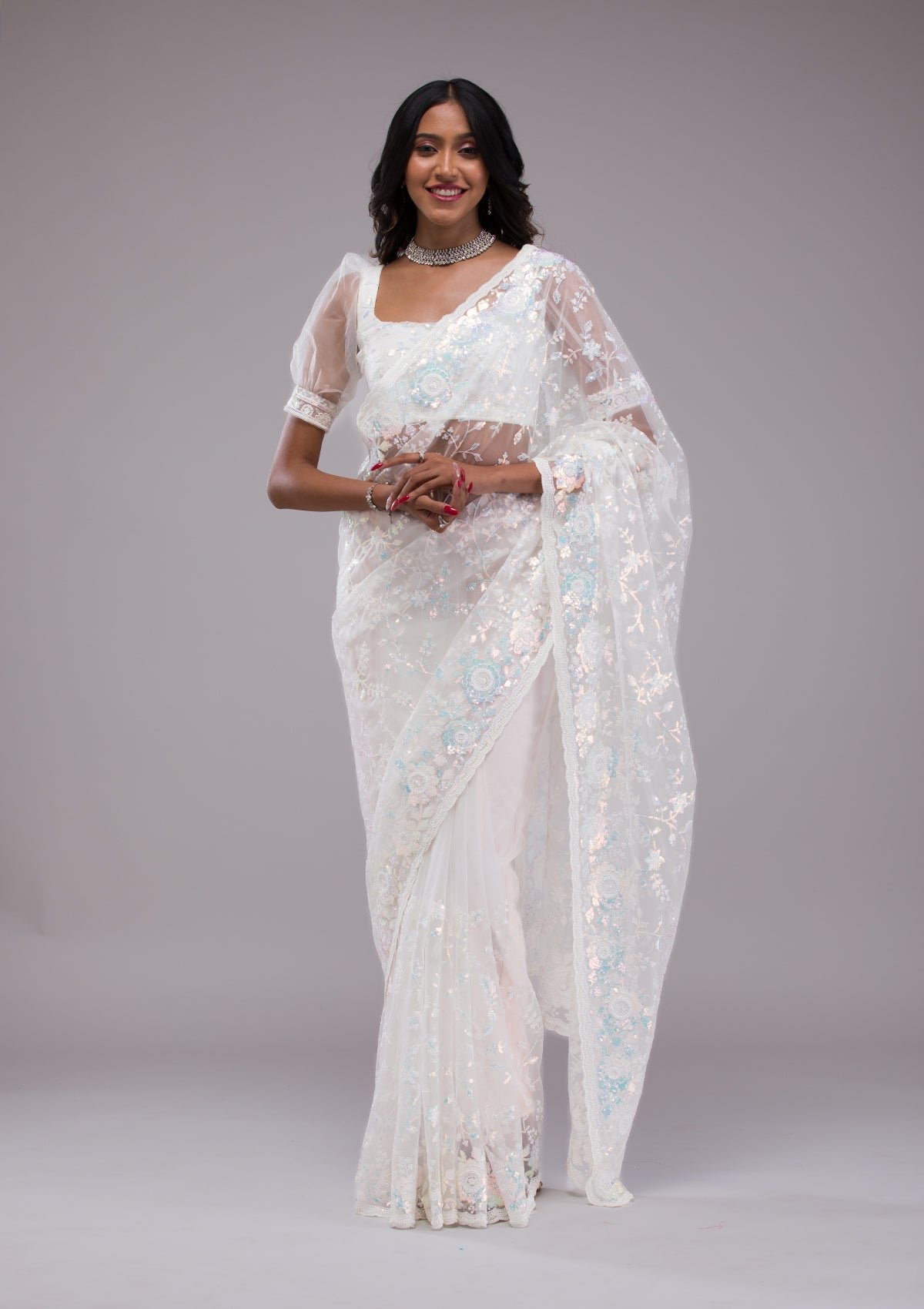 Elegant Off-White Sequined Tissue Saree for a Dazzling Look