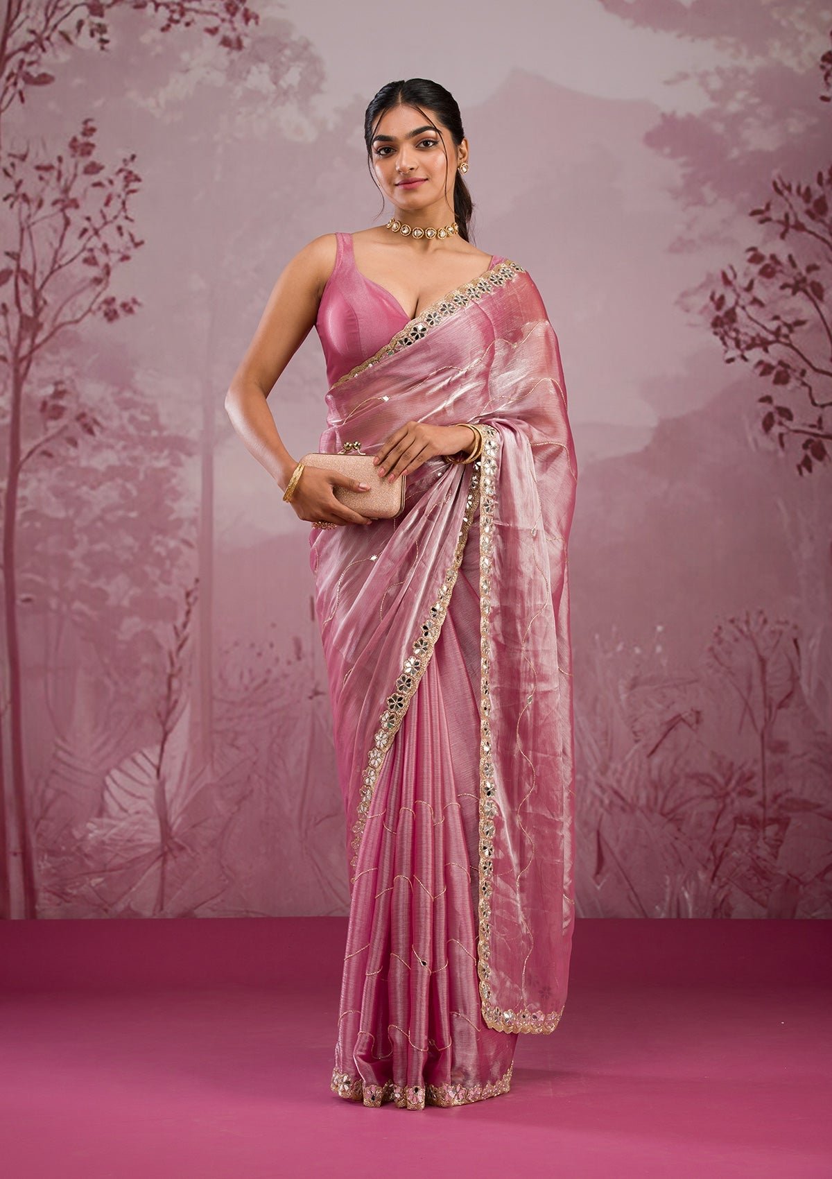 Stunning Pink Mirrorwork Tissue Saree with Onion Tones