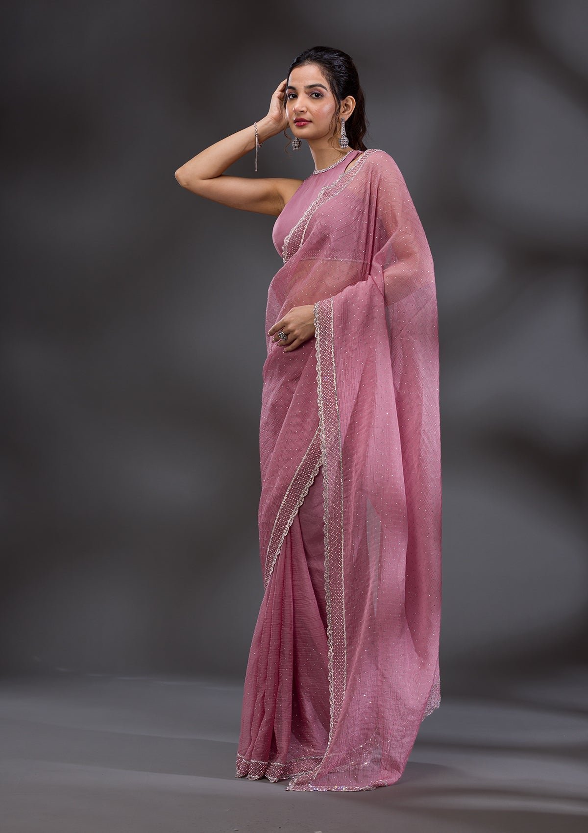 Elegant Pink Stonework Tissue Saree with Onion Hues