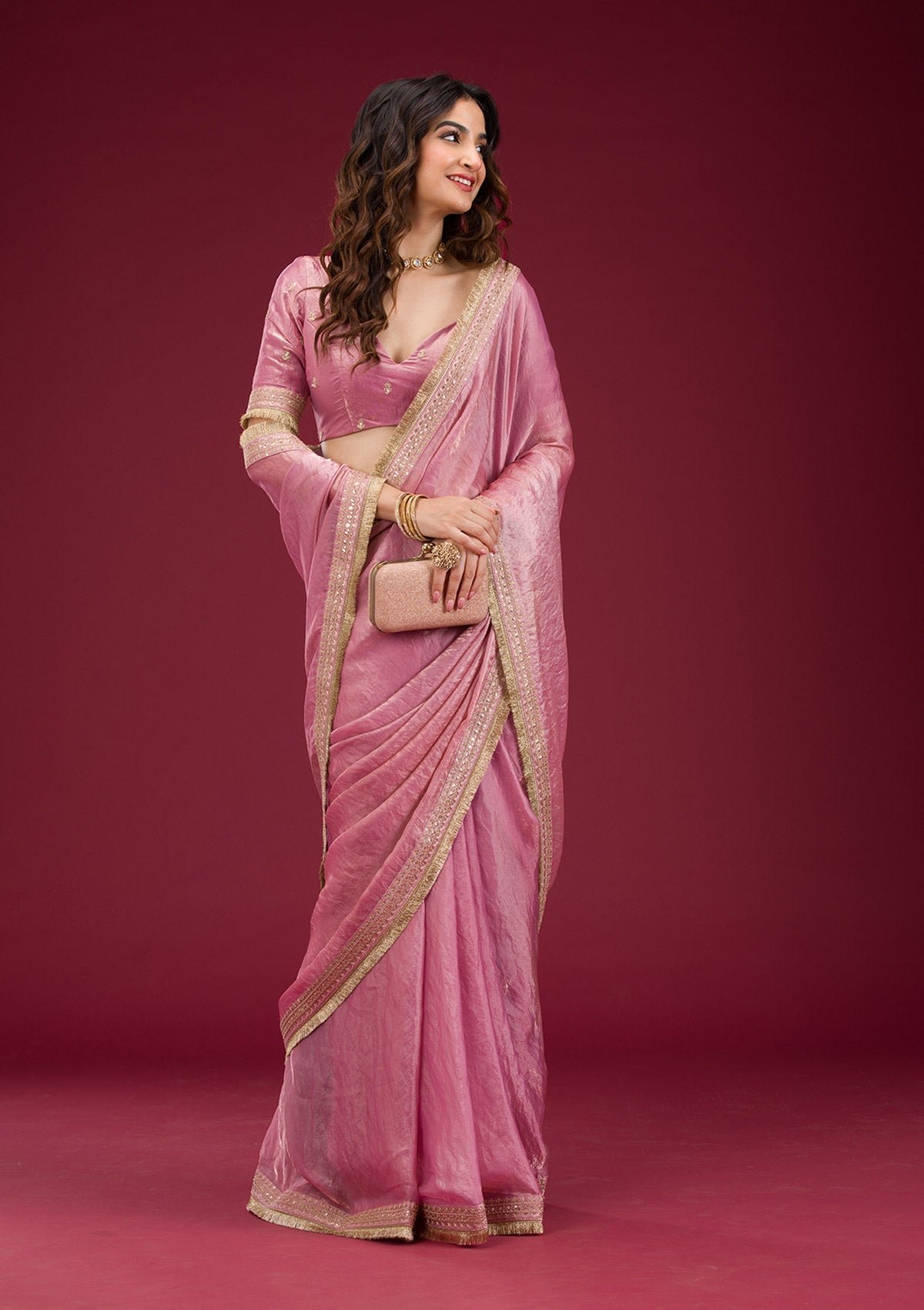 Elegant Pink Tissue Saree with Intricate Onion Threadwork