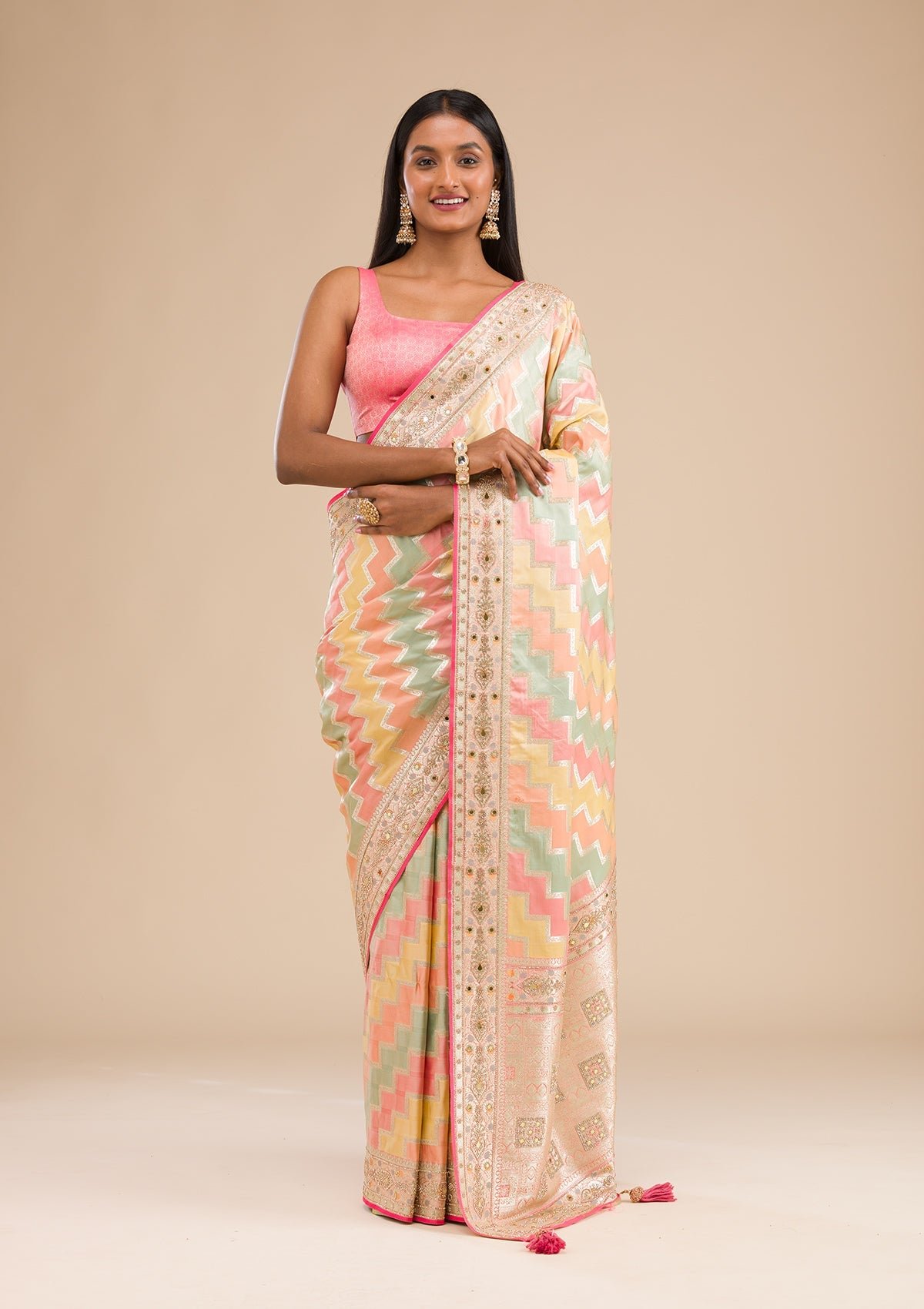 Elegant Peach Banarasi Silk Saree with Intricate Stonework