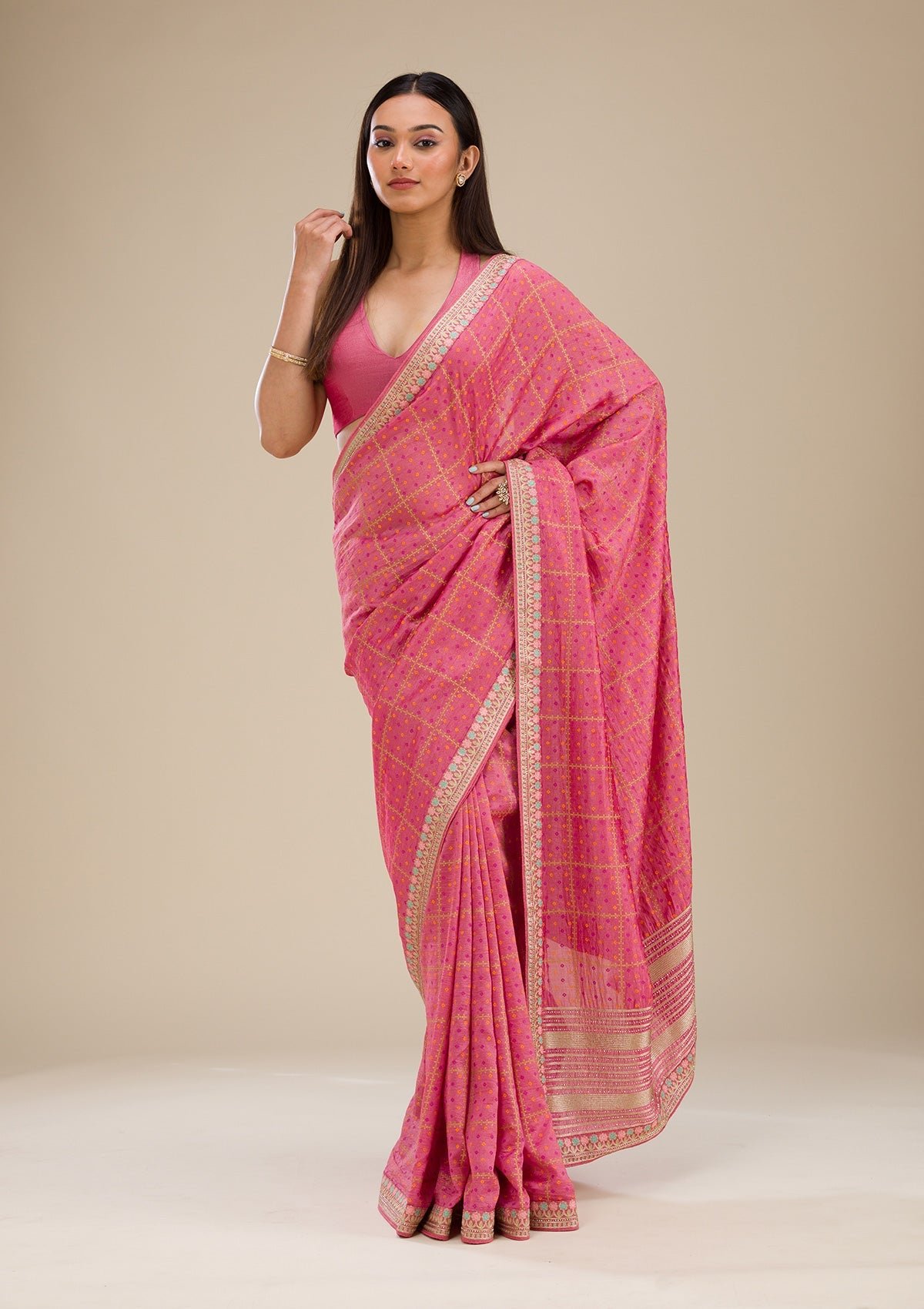 Elegant Pink Silk Saree with Beautiful Prints