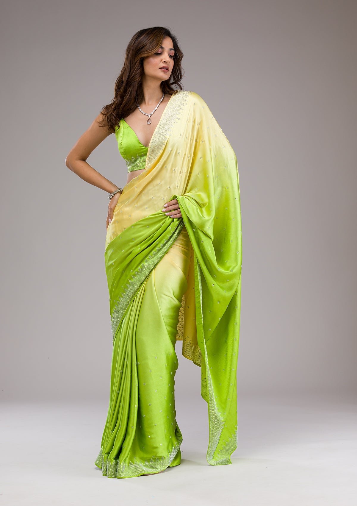 Elegant Pista Green Ombre Semi Crepe Designer Saree