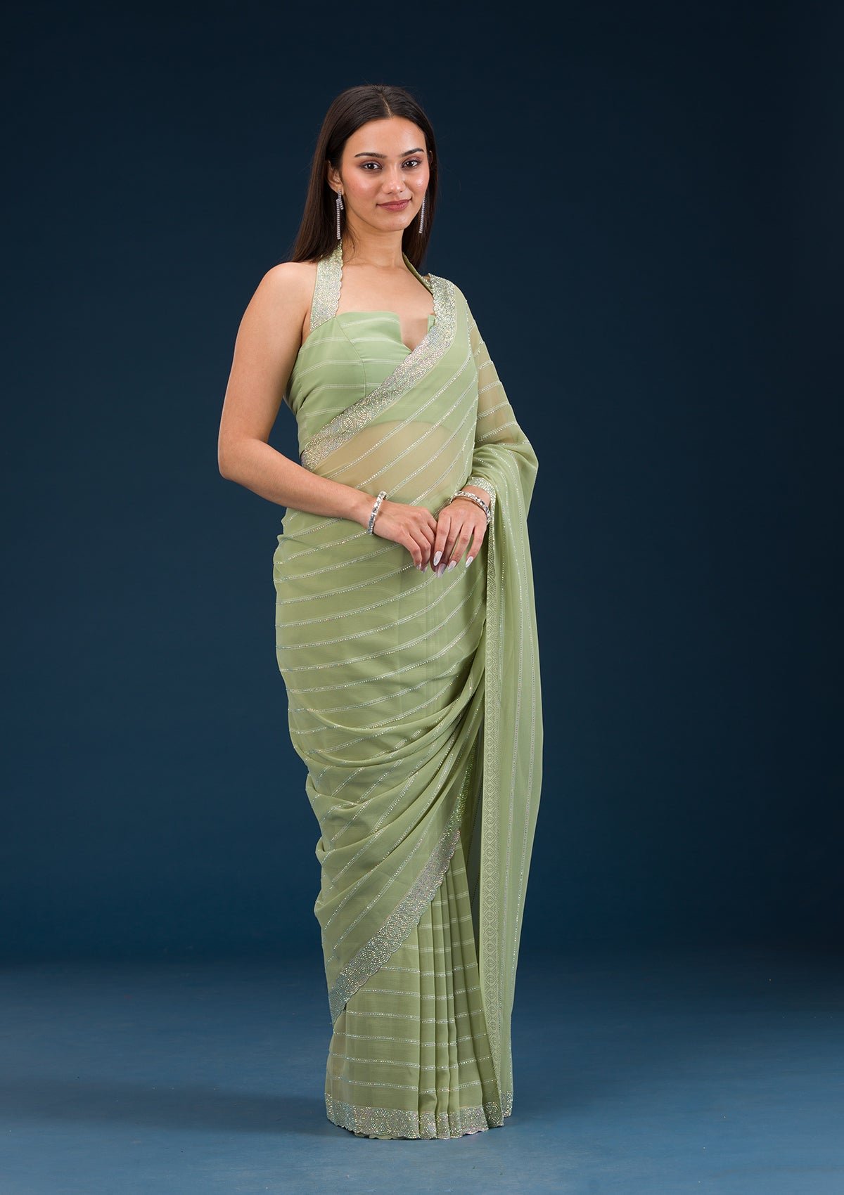 Elegant Pista Green Georgette Saree with Exquisite Stonework - Image 6