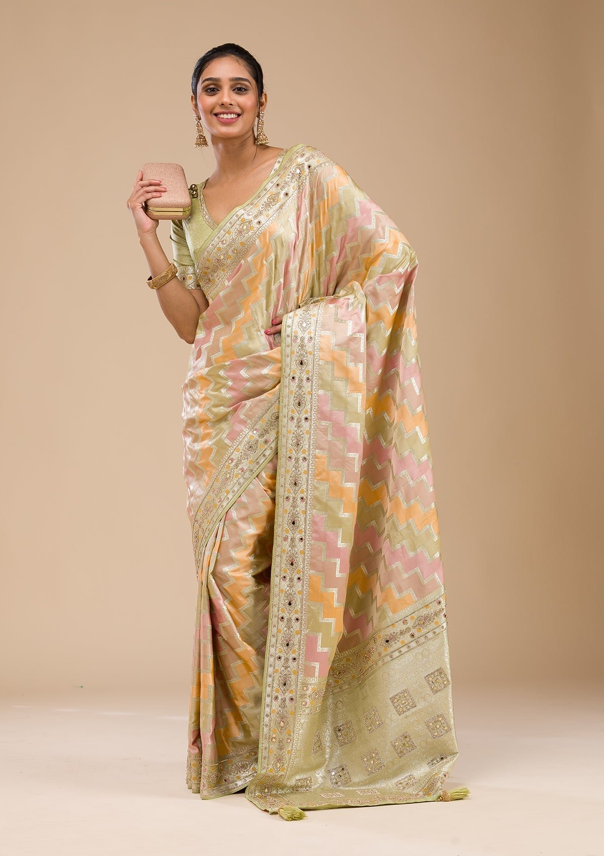 Elegant Pista Green Soft Silk Saree with Intricate Stonework