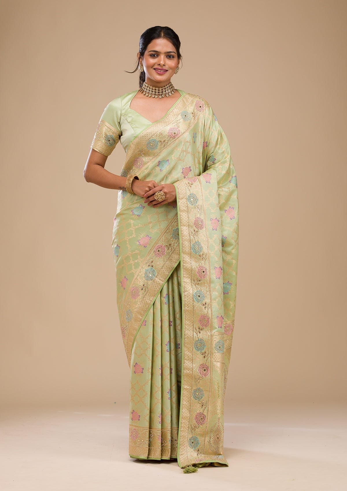 Elegant Pista Green Stonework Soft Silk Saree