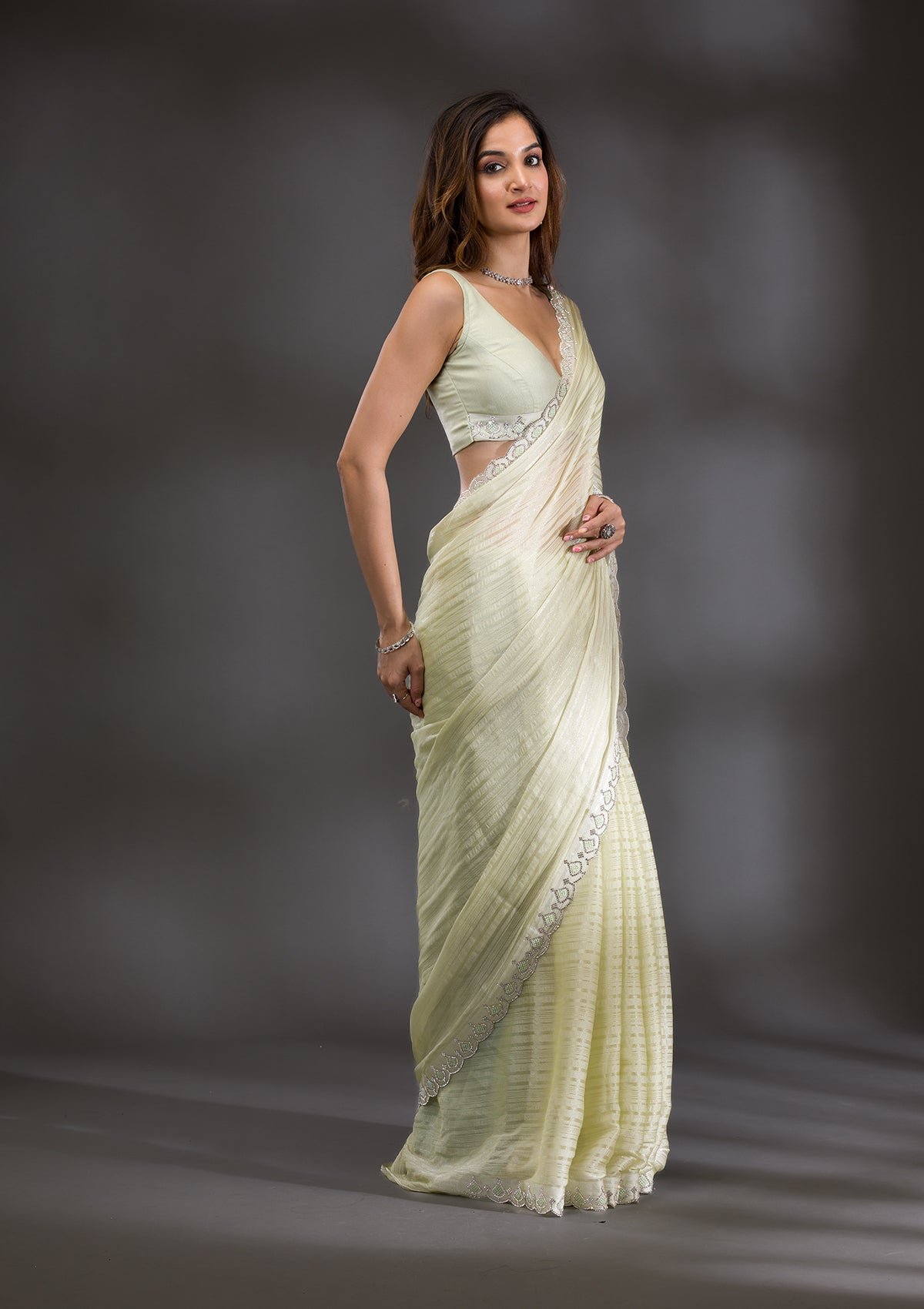 Elegant Pista Green Georgette Saree with Stunning Swarovski Accents - Image 4