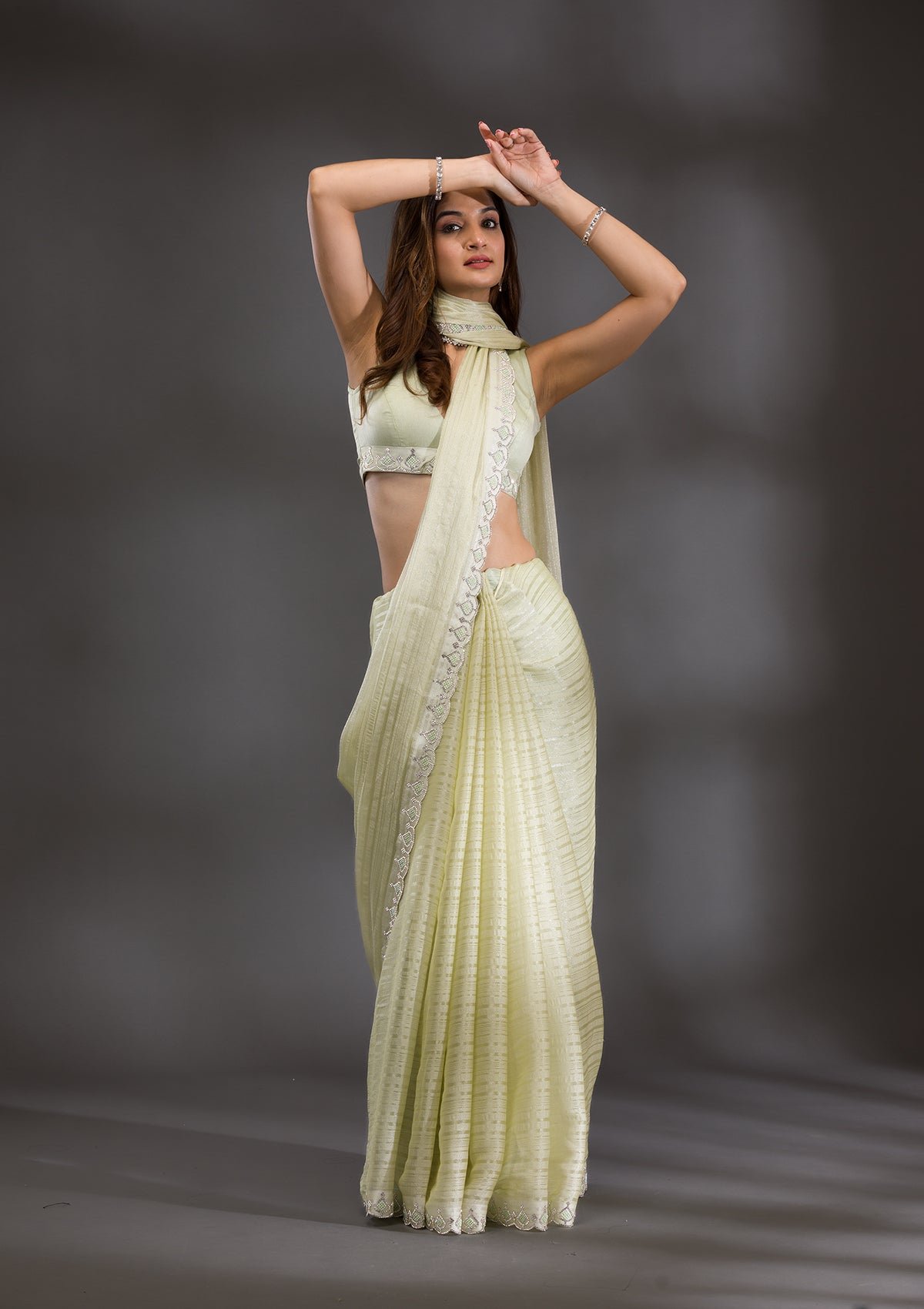 Elegant Pista Green Georgette Saree with Stunning Swarovski Accents - Image 6