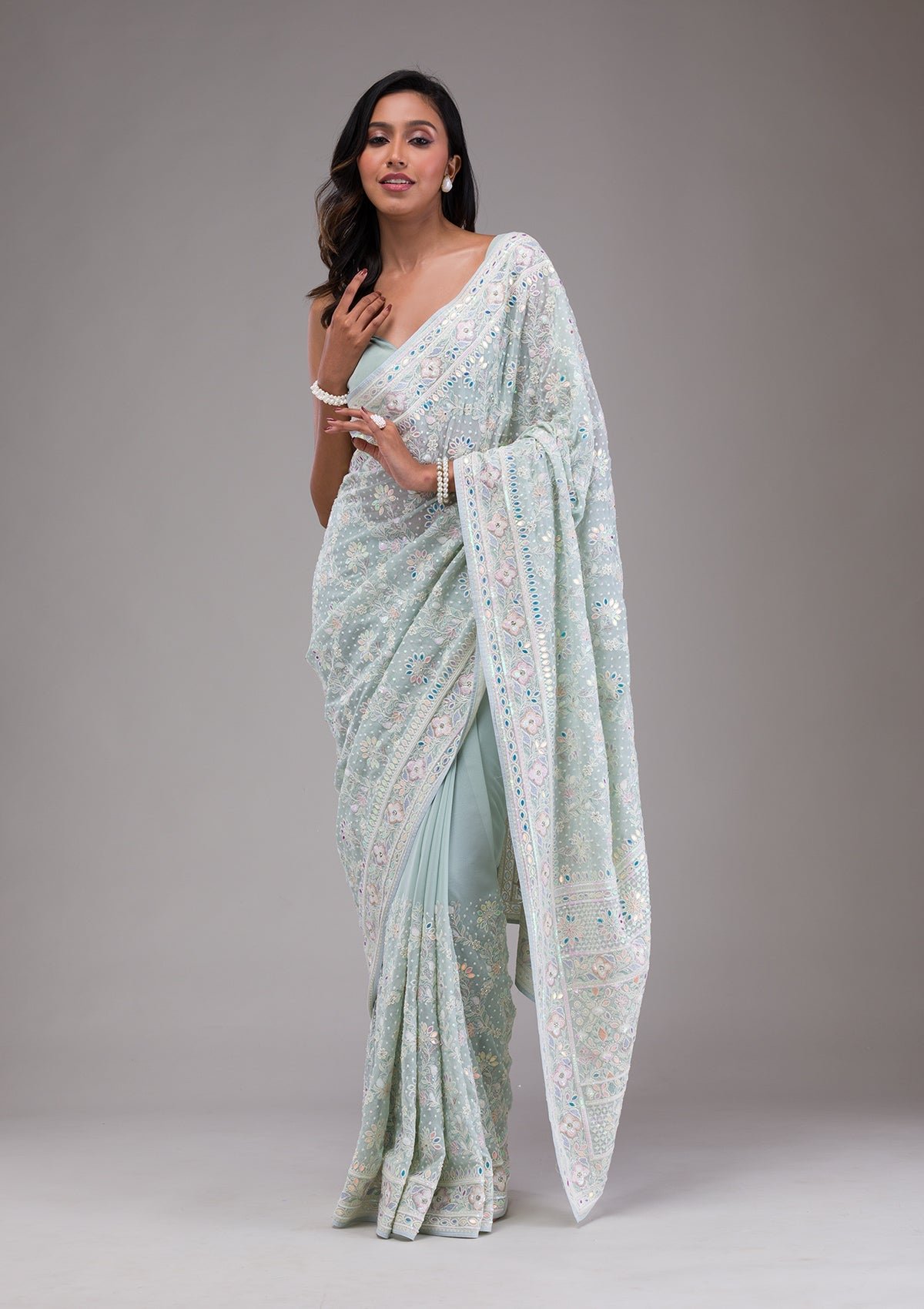 Elegant Sky Blue Georgette Saree with Exquisite Threadwork