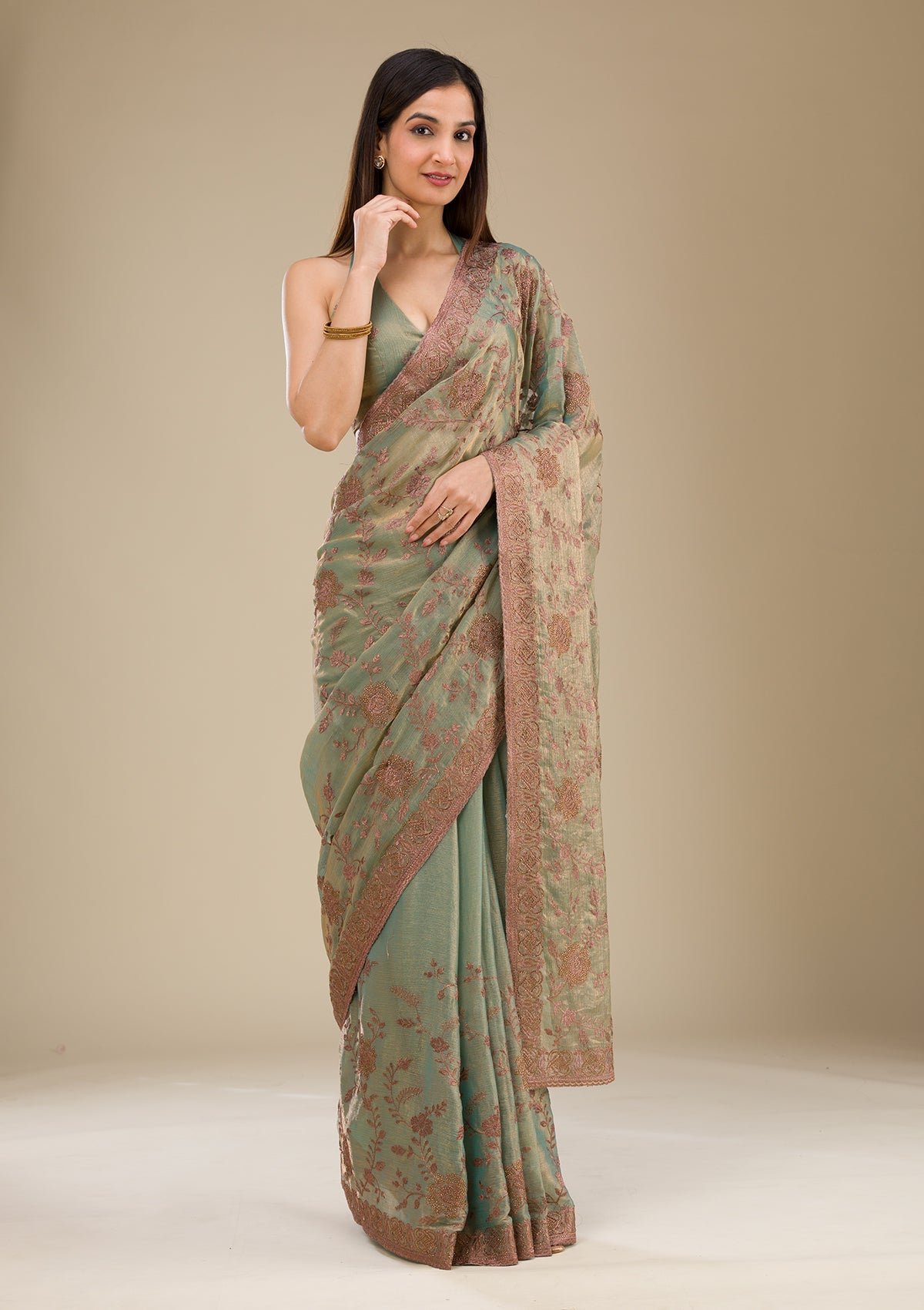 Elegant Pista Green Raw Silk Saree with Intricate Threadwork - Image 5