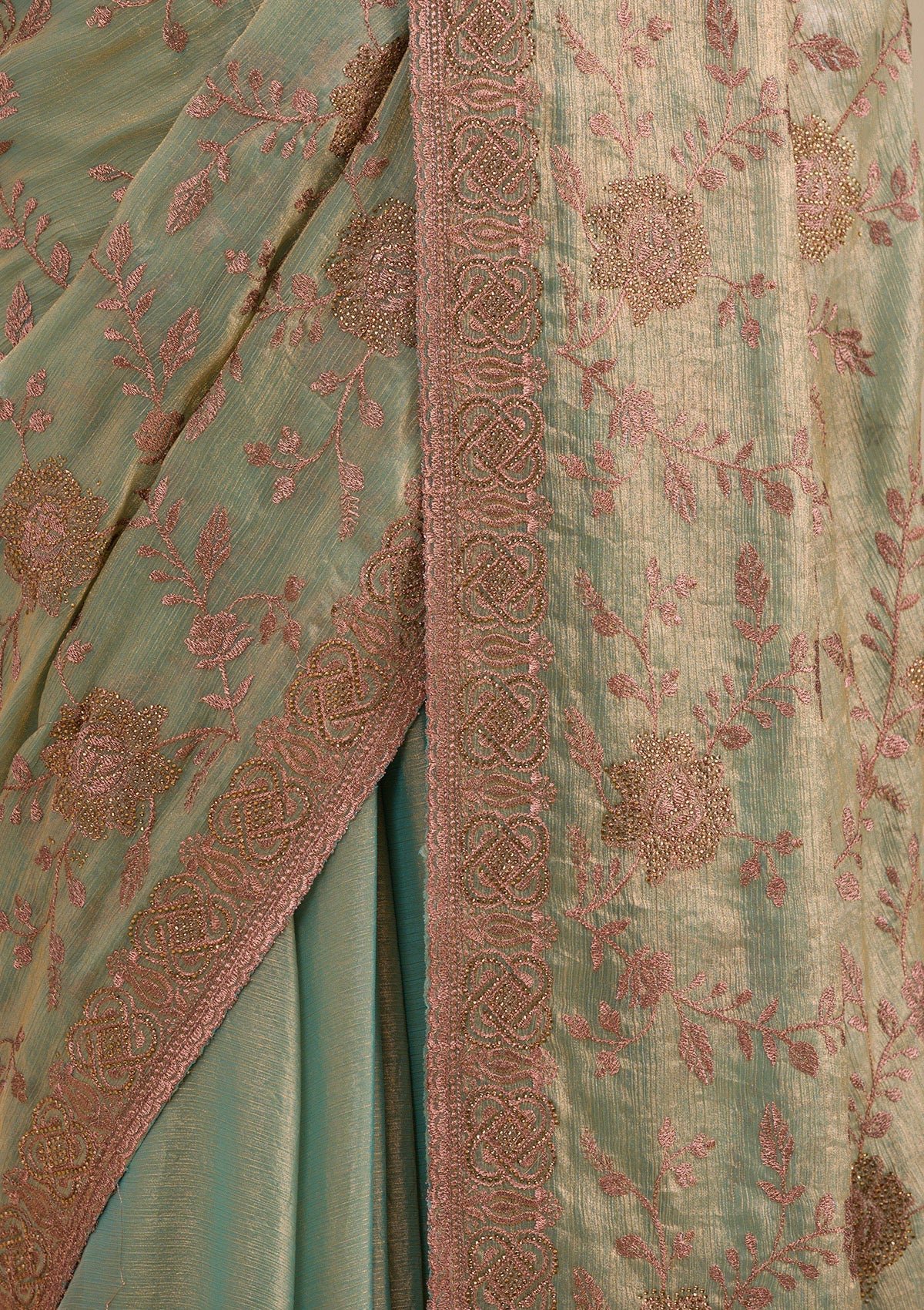 Elegant Pista Green Raw Silk Saree with Intricate Threadwork - Image 7