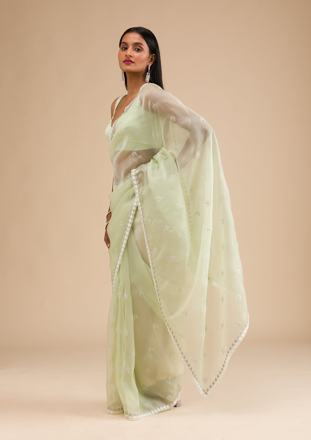 Elegant Pista Green Tissue Saree with Exquisite Zari Work - Image 3
