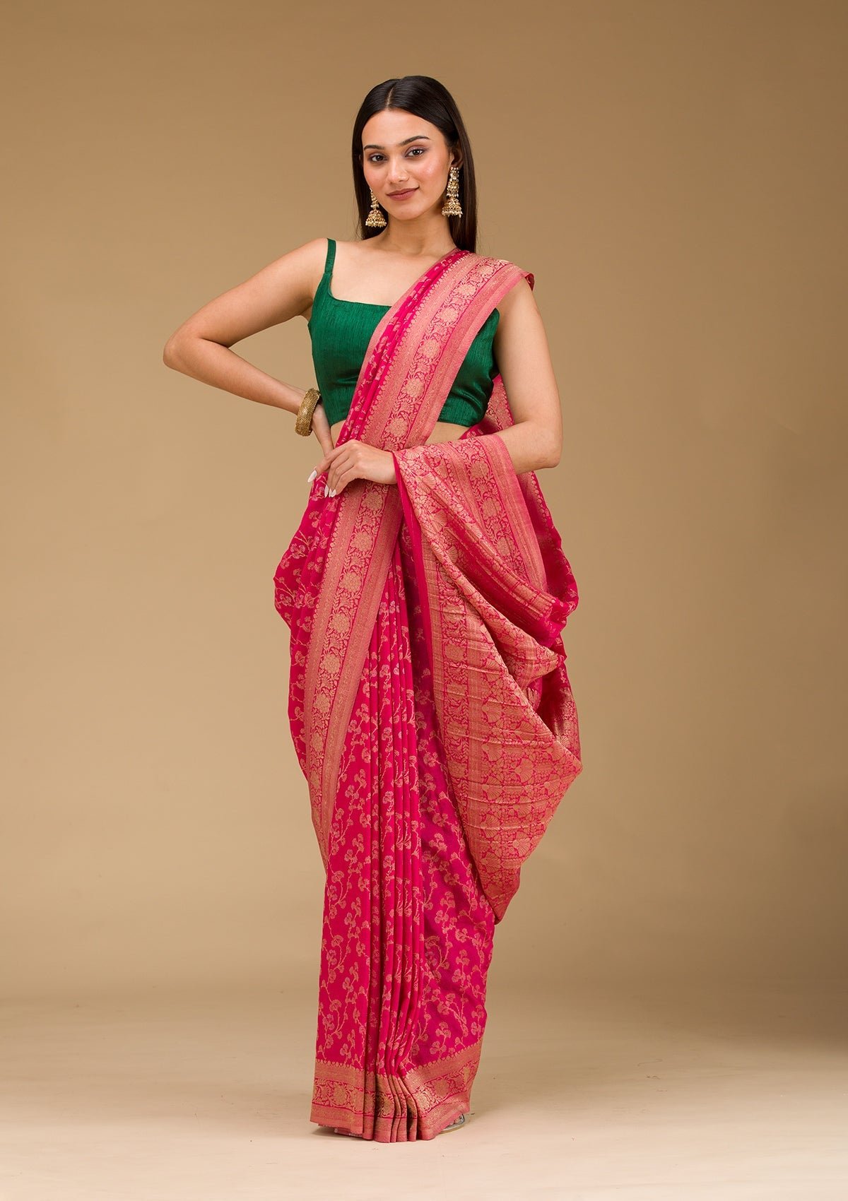 Exquisite Rani Pink Georgette Saree with Elegant Zari Work